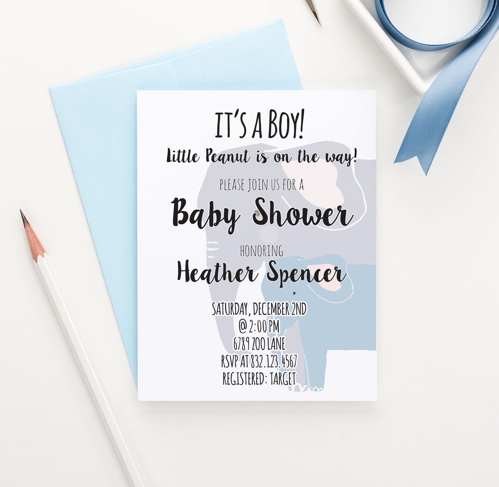 Personalized Little Peanut Baby Shower Invites For Boy With Elephants