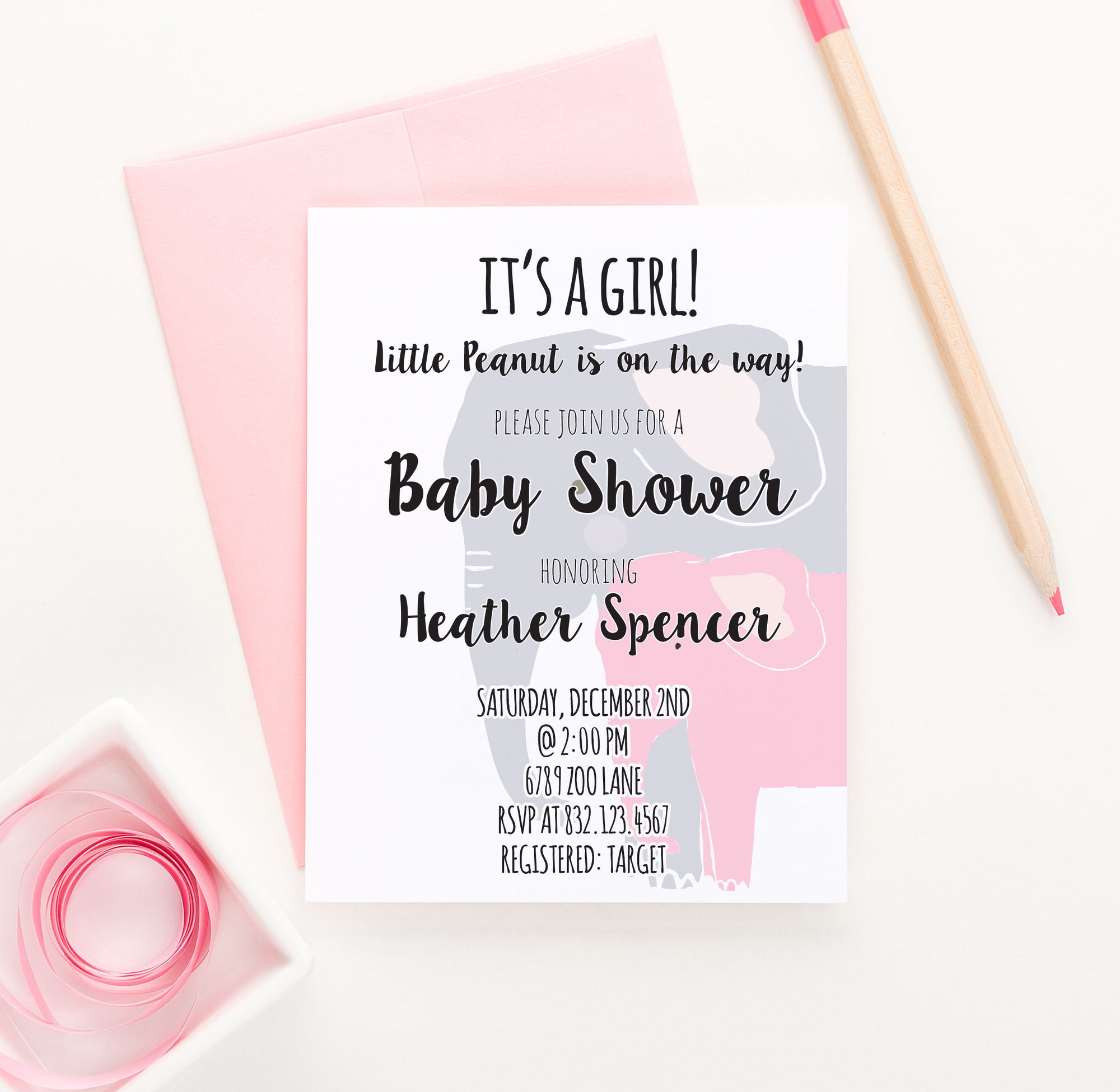 Personalized Little Peanut Baby Shower Invites For Girl With Elephants