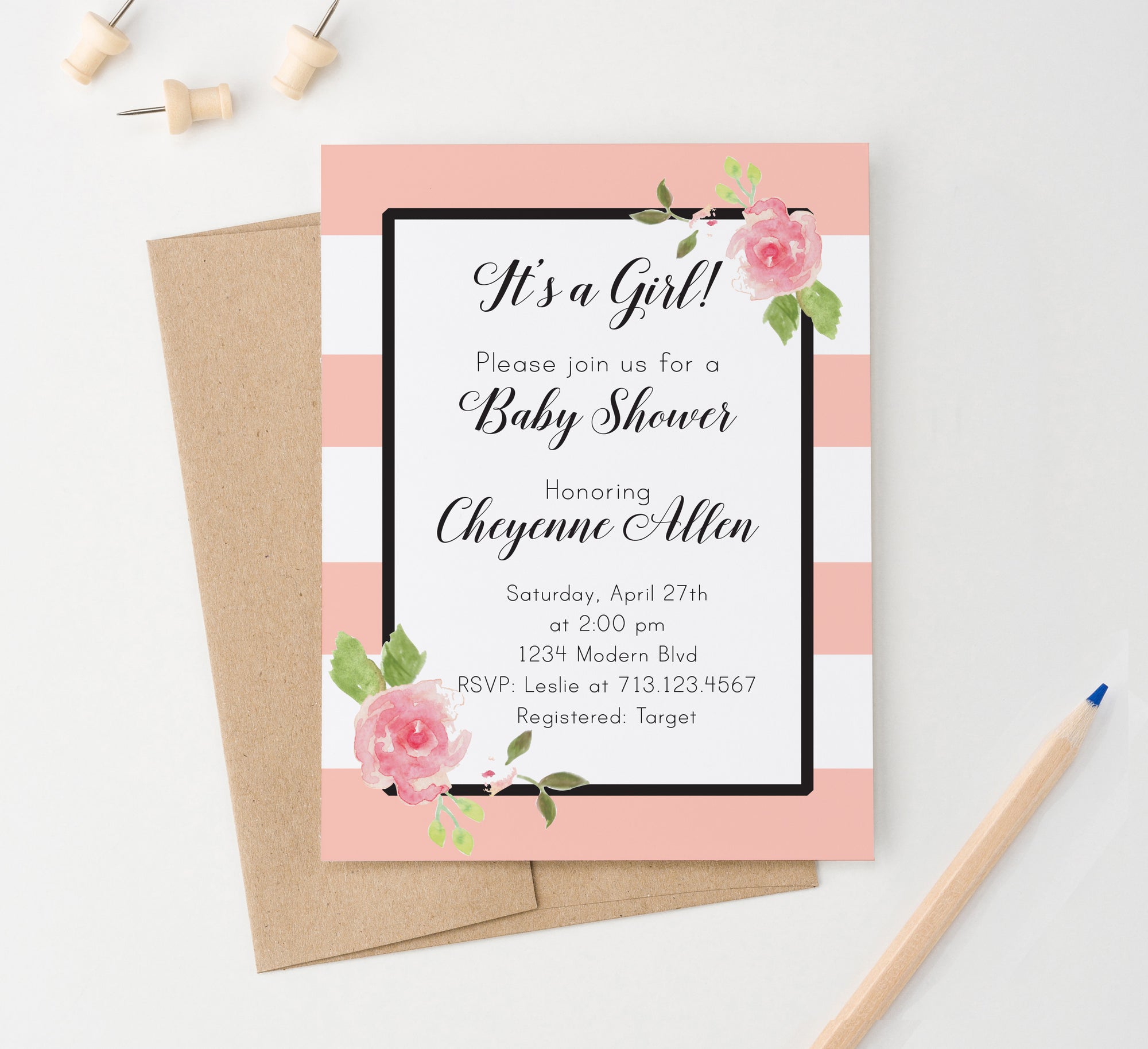 Personalized Floral Baby Shower Invitations For Girl With Stripes