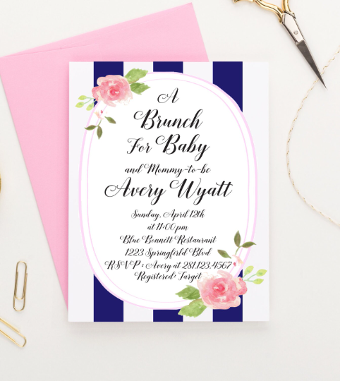 Personalized Florals And Stripes Baby Shower Invites For Brunch