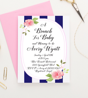 Personalized Florals And Stripes Baby Shower Invites For Brunch