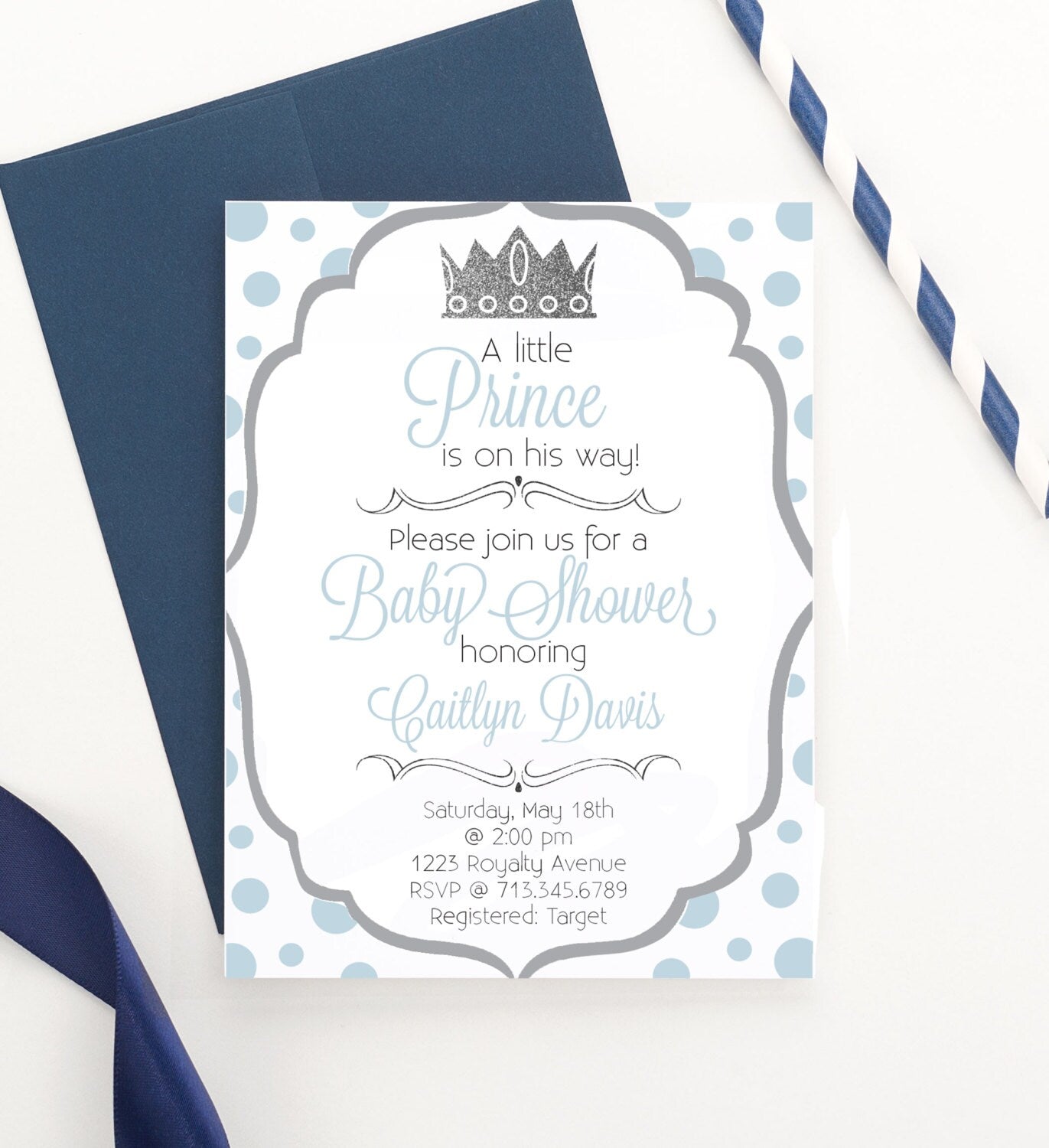 Personalized Blue Prince Baby Shower Invites With Silver Crown