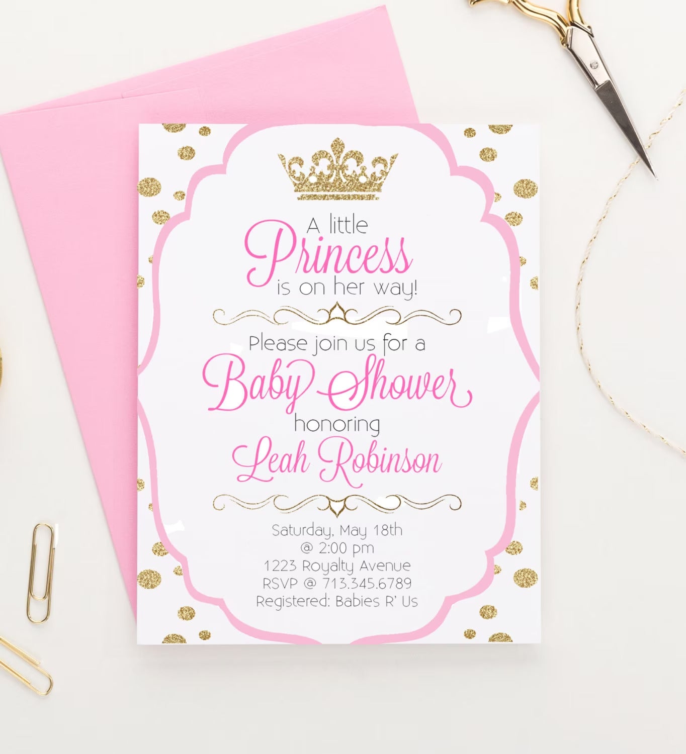 Personalized Pink Princess Baby Shower Invitations With Gold Crown