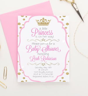Personalized Pink Princess Baby Shower Invitations With Gold Crown