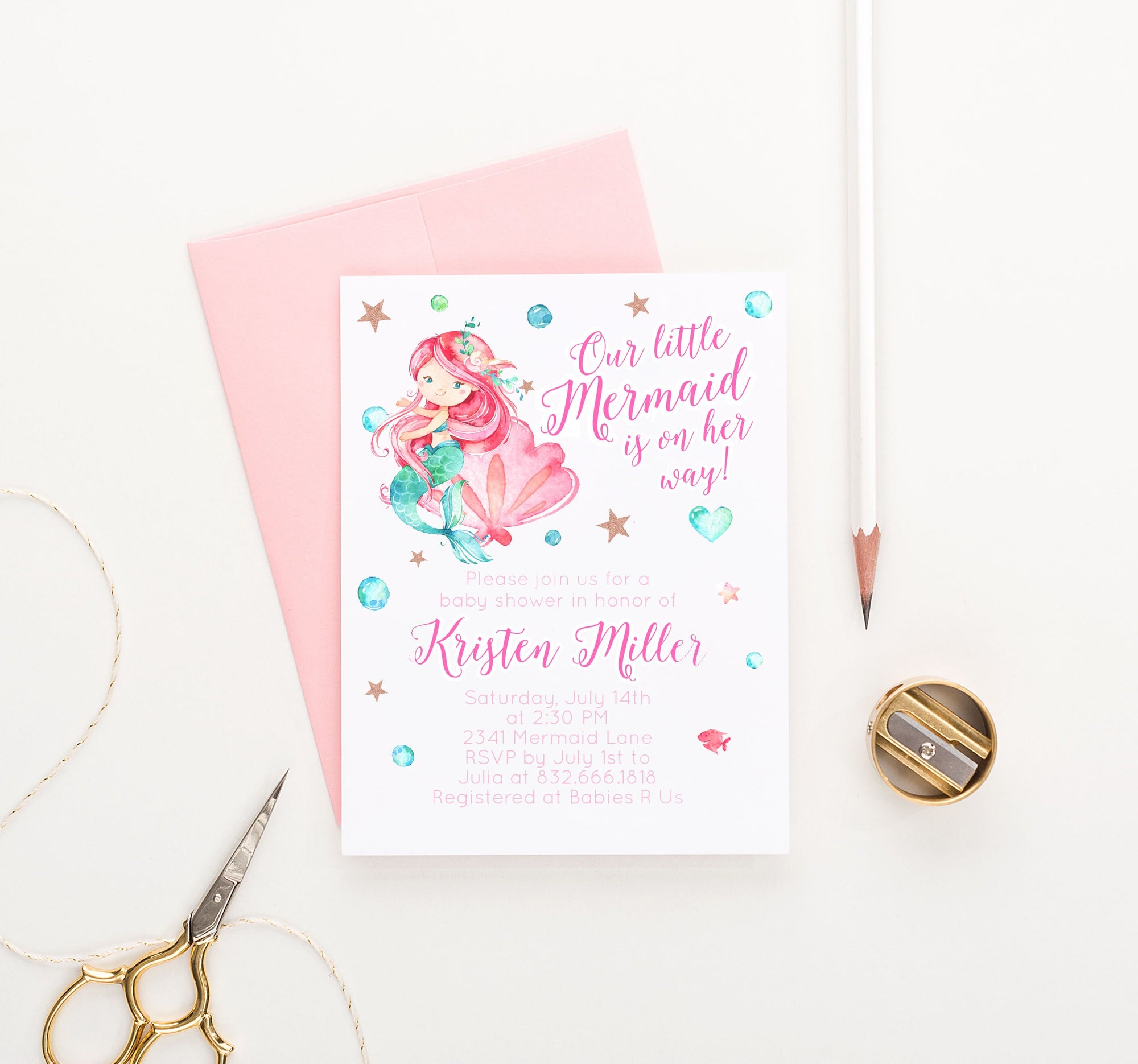 Pink Mermaid Baby Shower Invitations For Girl Personalized