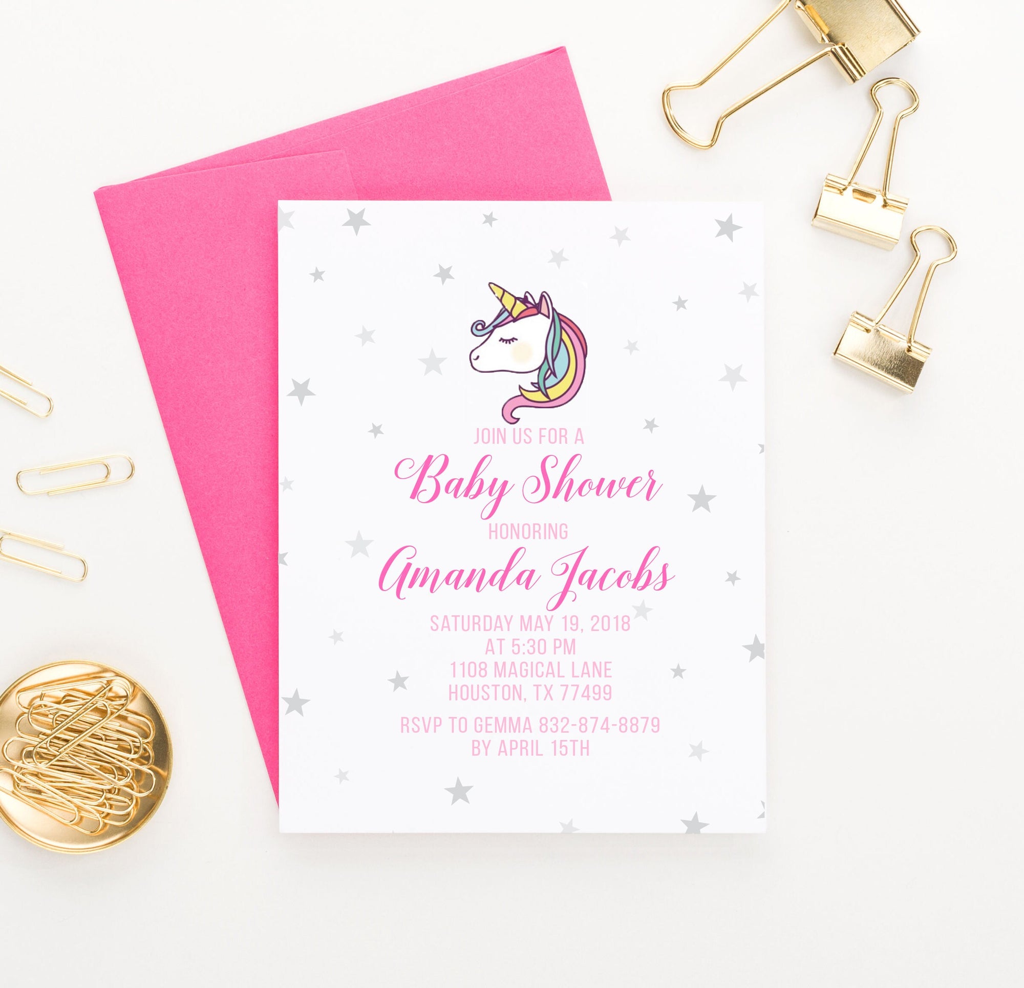 Personalized Unicorn Girl Baby Shower Invitations With Stars