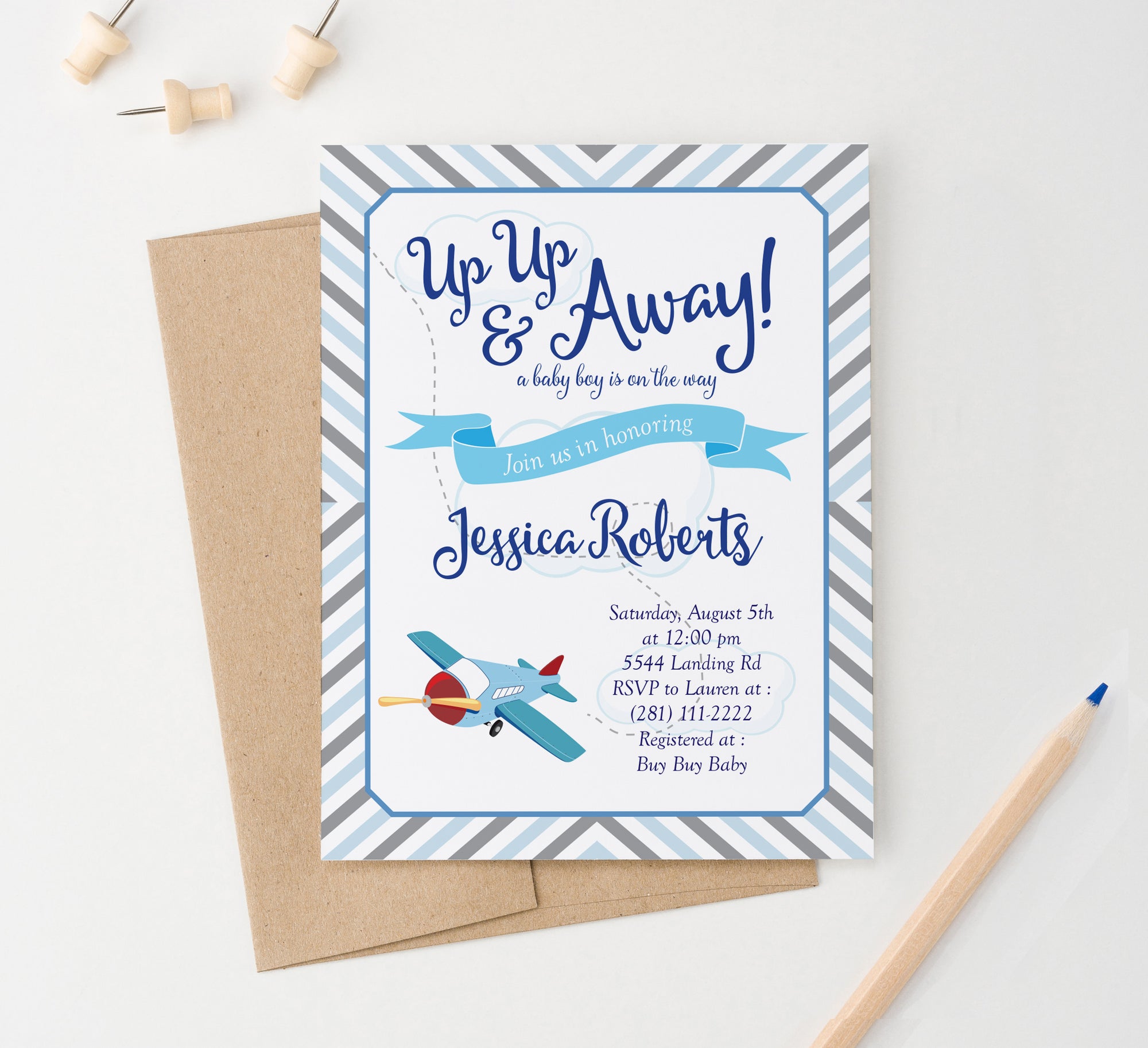 Personalized Blue Airplane Baby Shower Invitations For Boy