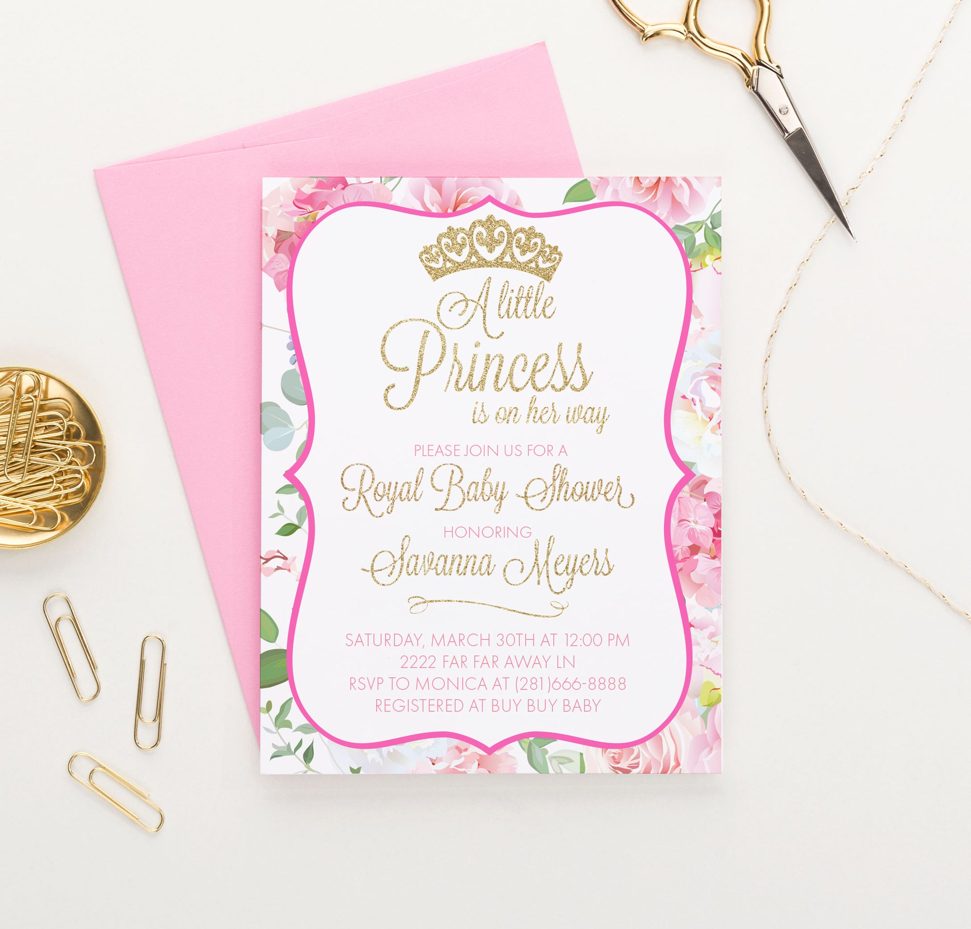 Personalized Princess Baby Shower Invitations With Pink Floral
