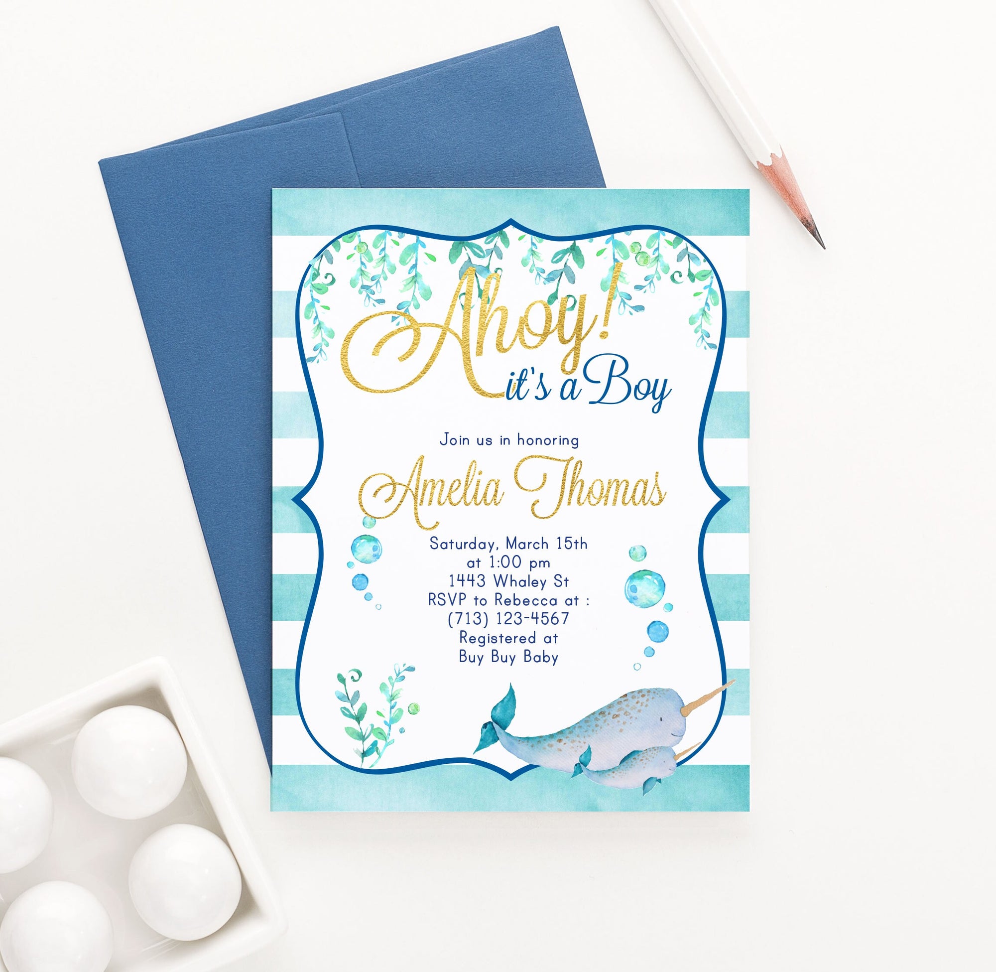 Personalized Blue Narwhal Baby Shower Invitations For Boy