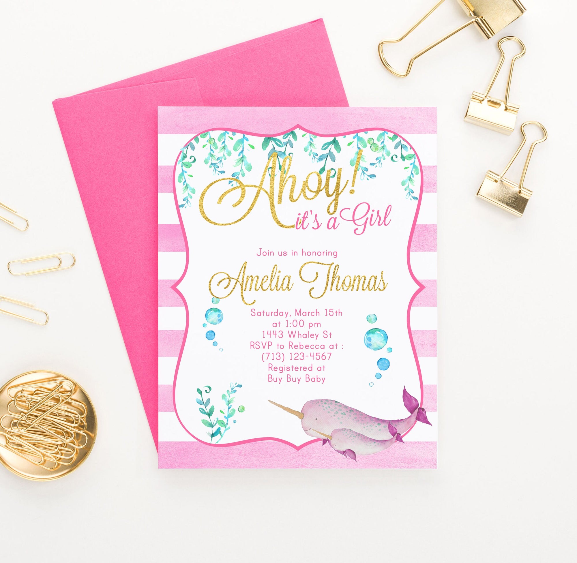 Personalized Pink Narwhal Baby Shower Invitations For Girl