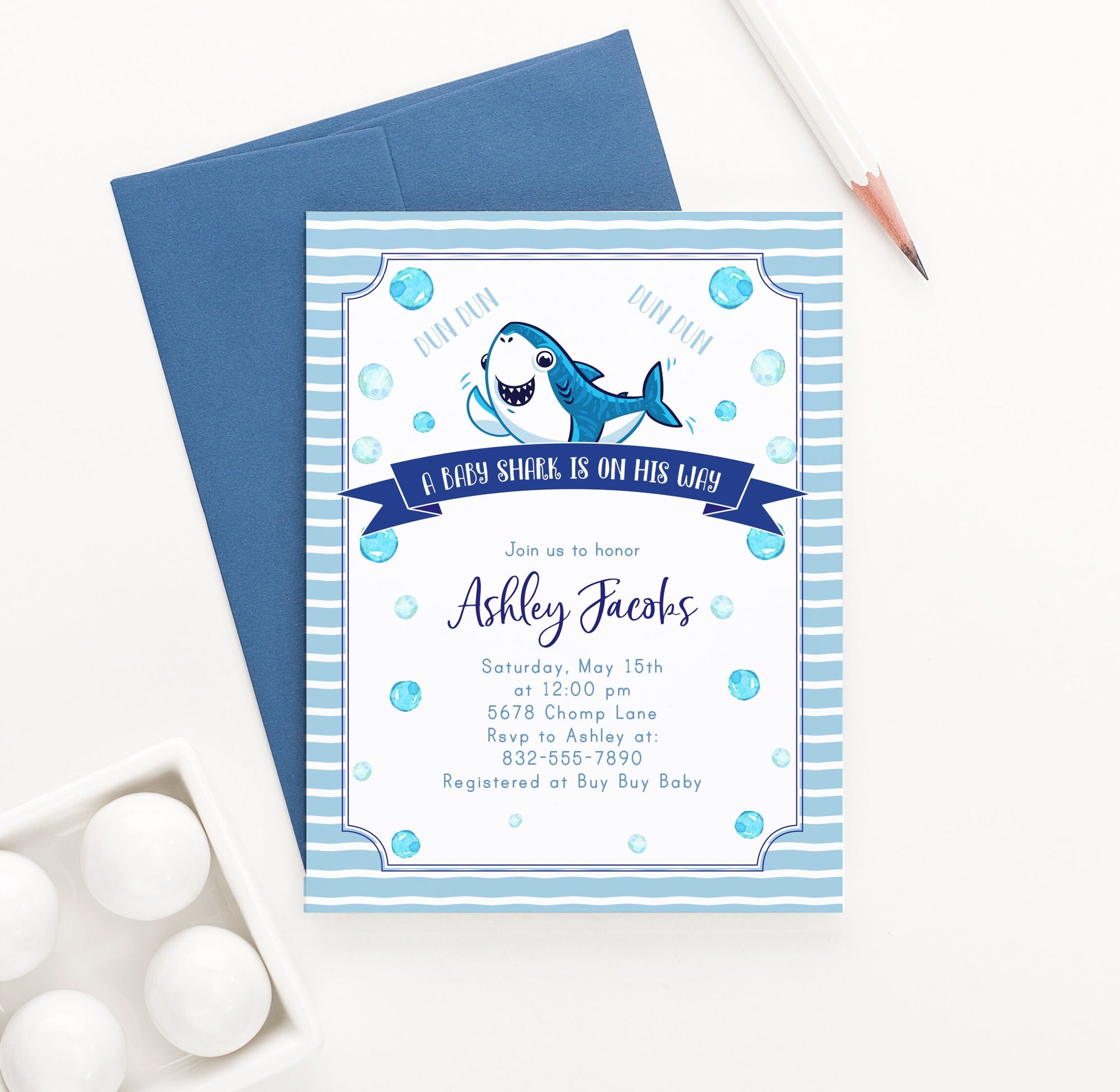 Blue Shark Boy Baby Shower Invitations Personalized