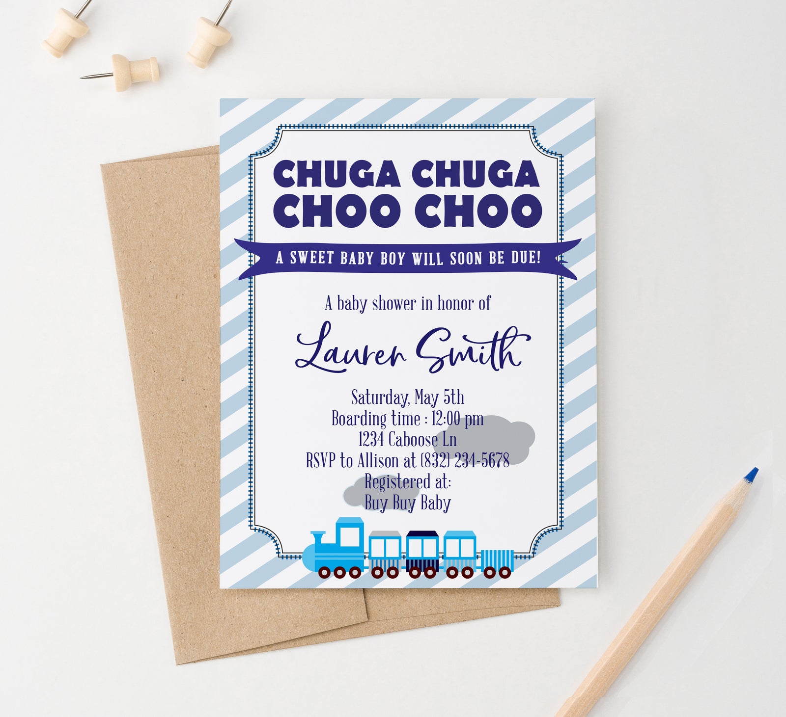 Personalized Blue Train Baby Shower Invitations For Boy