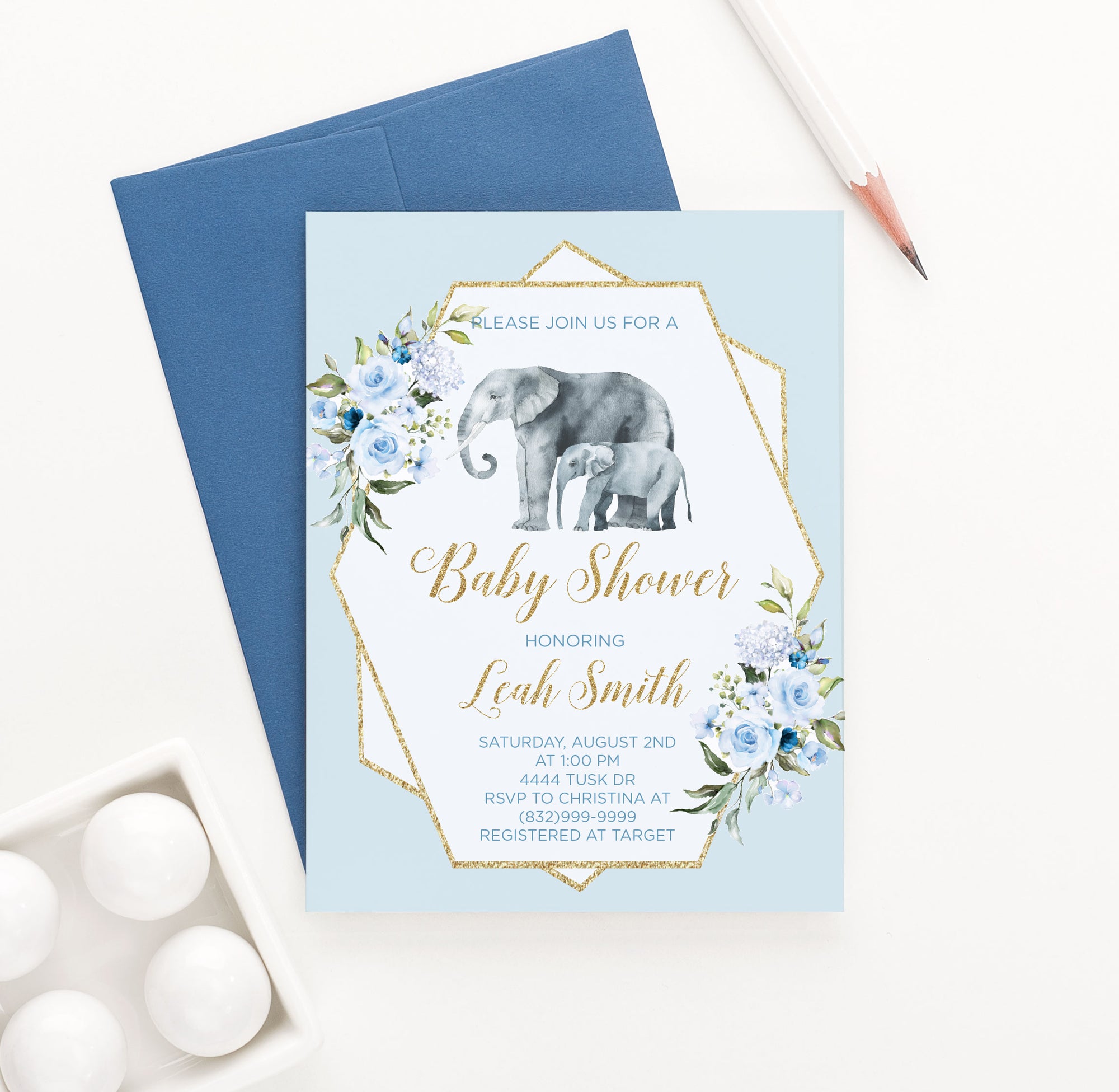 Personalized Boy Elephant Baby Shower Invitations With Blue Florals