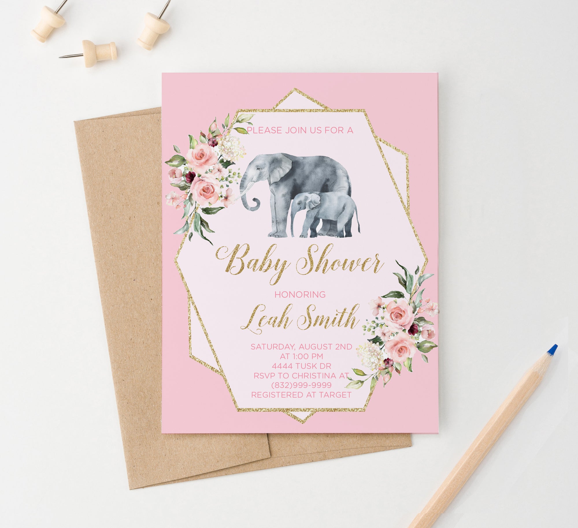 Personalized Girl Elephant Baby Shower Invitations With Pink Florals