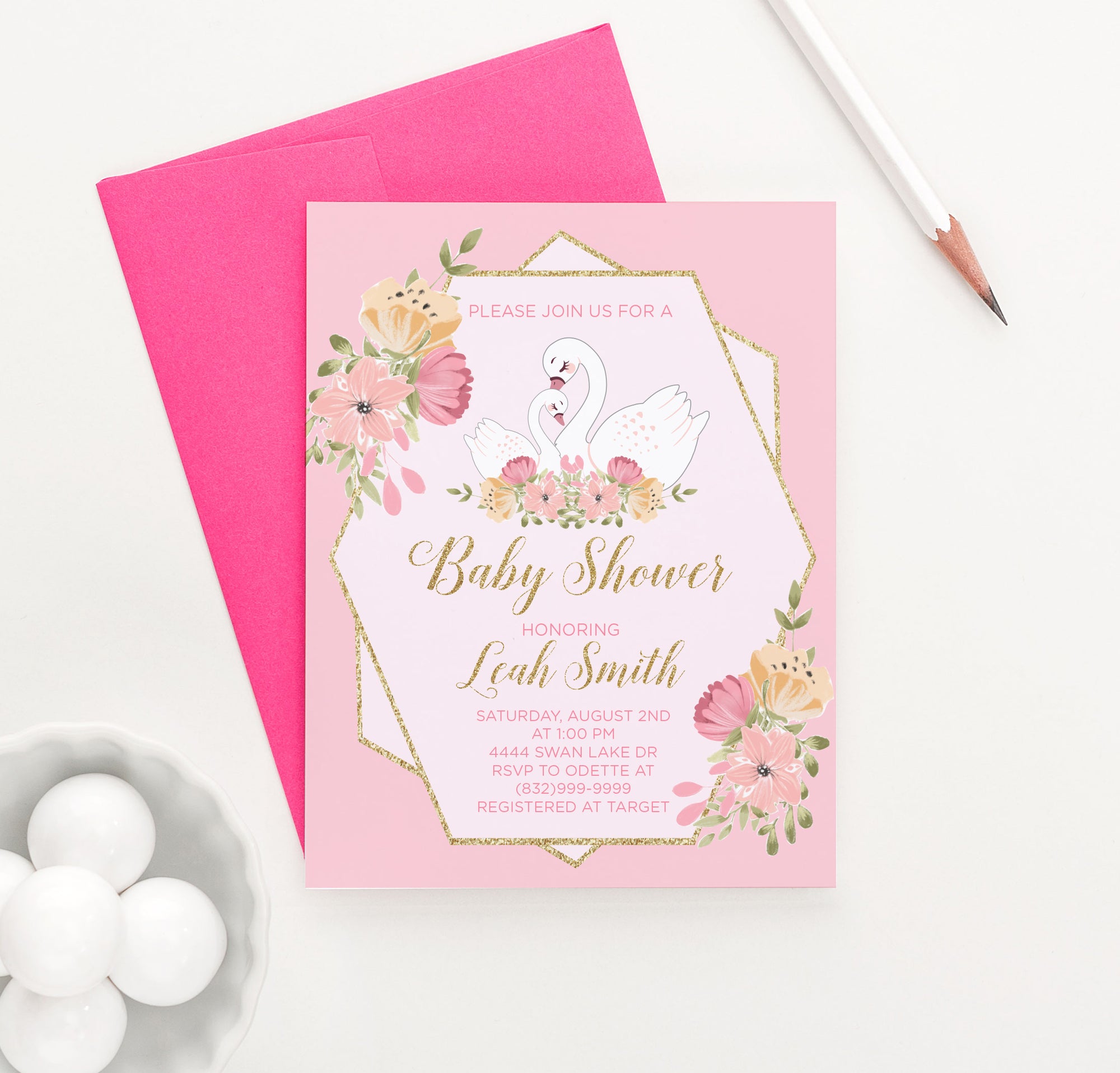 Elegant Pink Floral Baby Shower Invitations With Swan