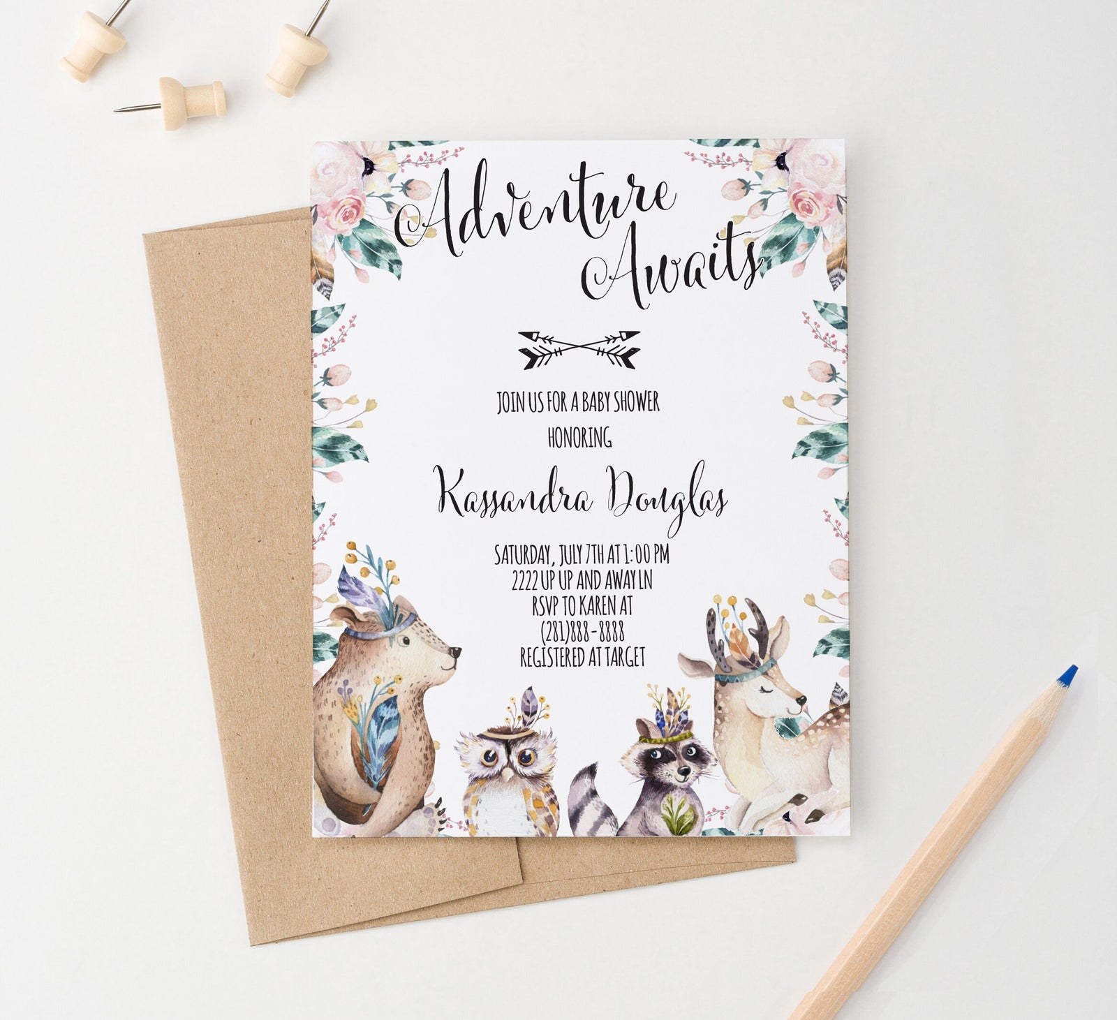 Adventure Awaits Boho Baby Shower Invitations With Woodland Animals