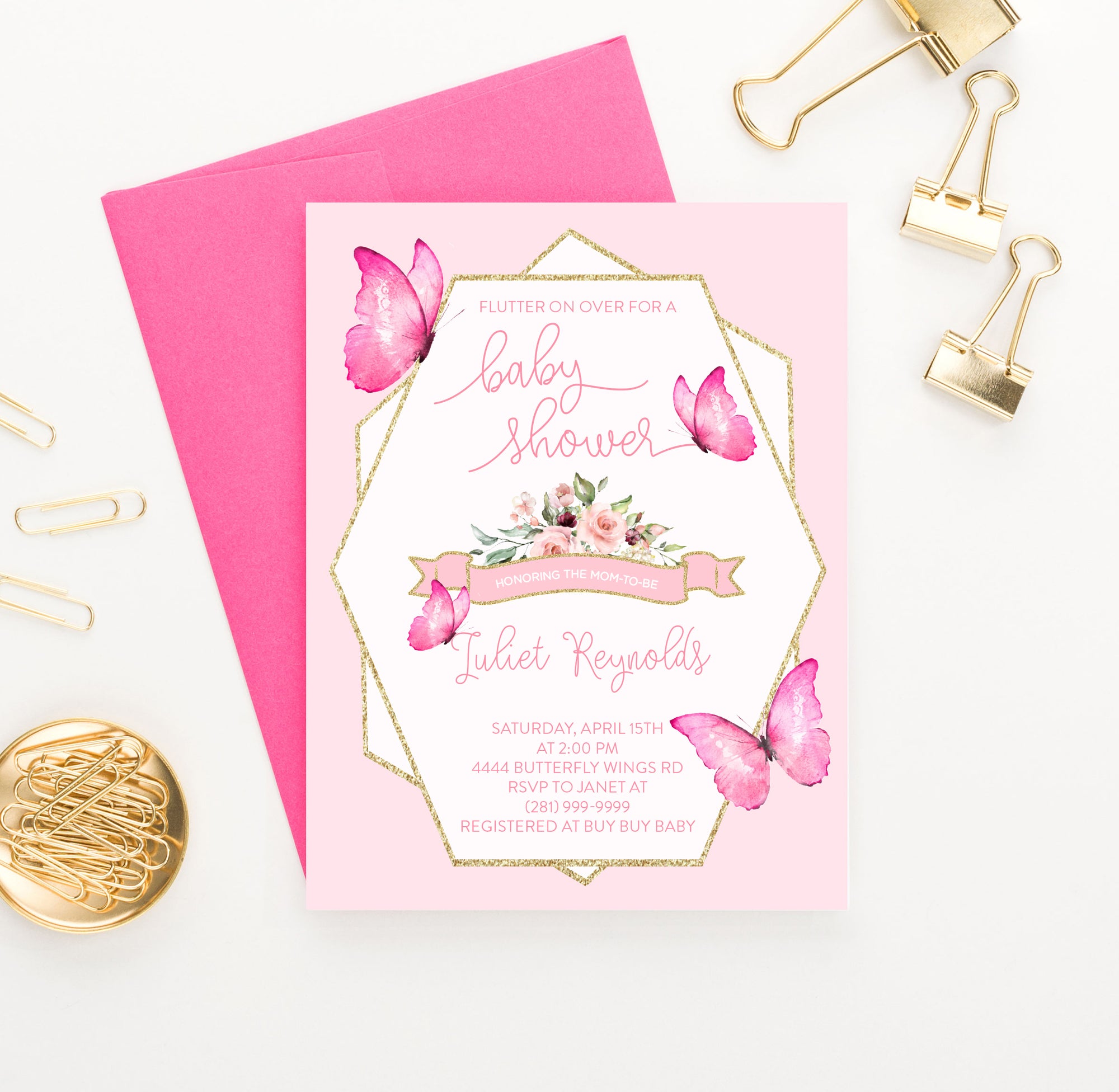 Elegant Pink Butterfly Baby Shower Invitations Girl Personalized