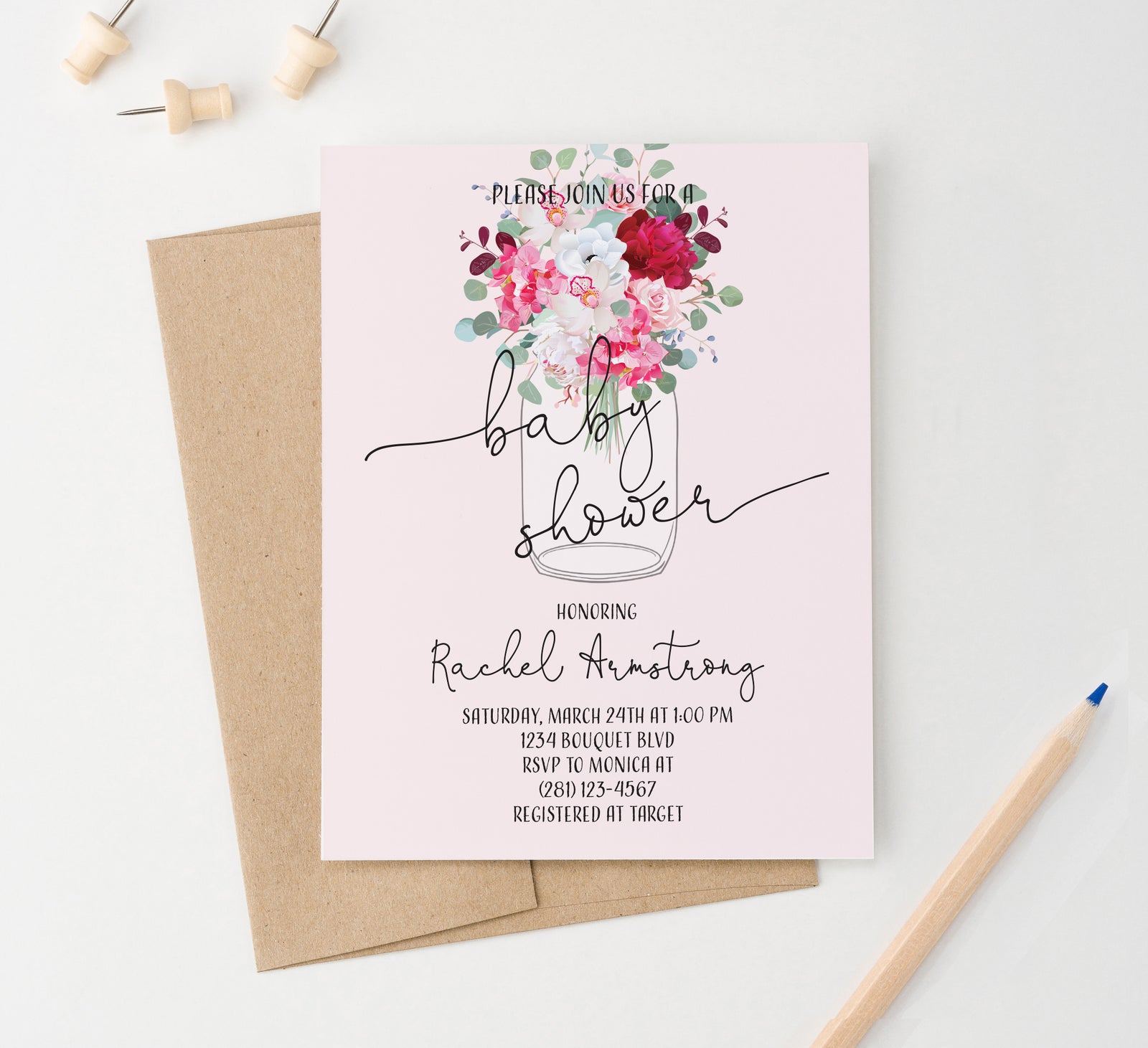 Personalized Pink Mason Jar Baby Shower Invitations With Florals