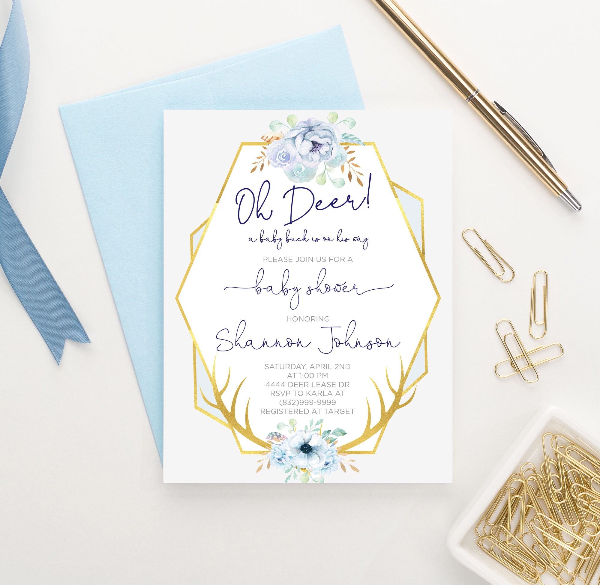 Personalized Oh Deer Blue Floral Baby Shower Invitations With Antlers