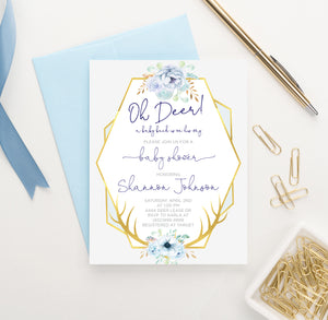 Personalized Oh Deer Blue Floral Baby Shower Invitations With Antlers