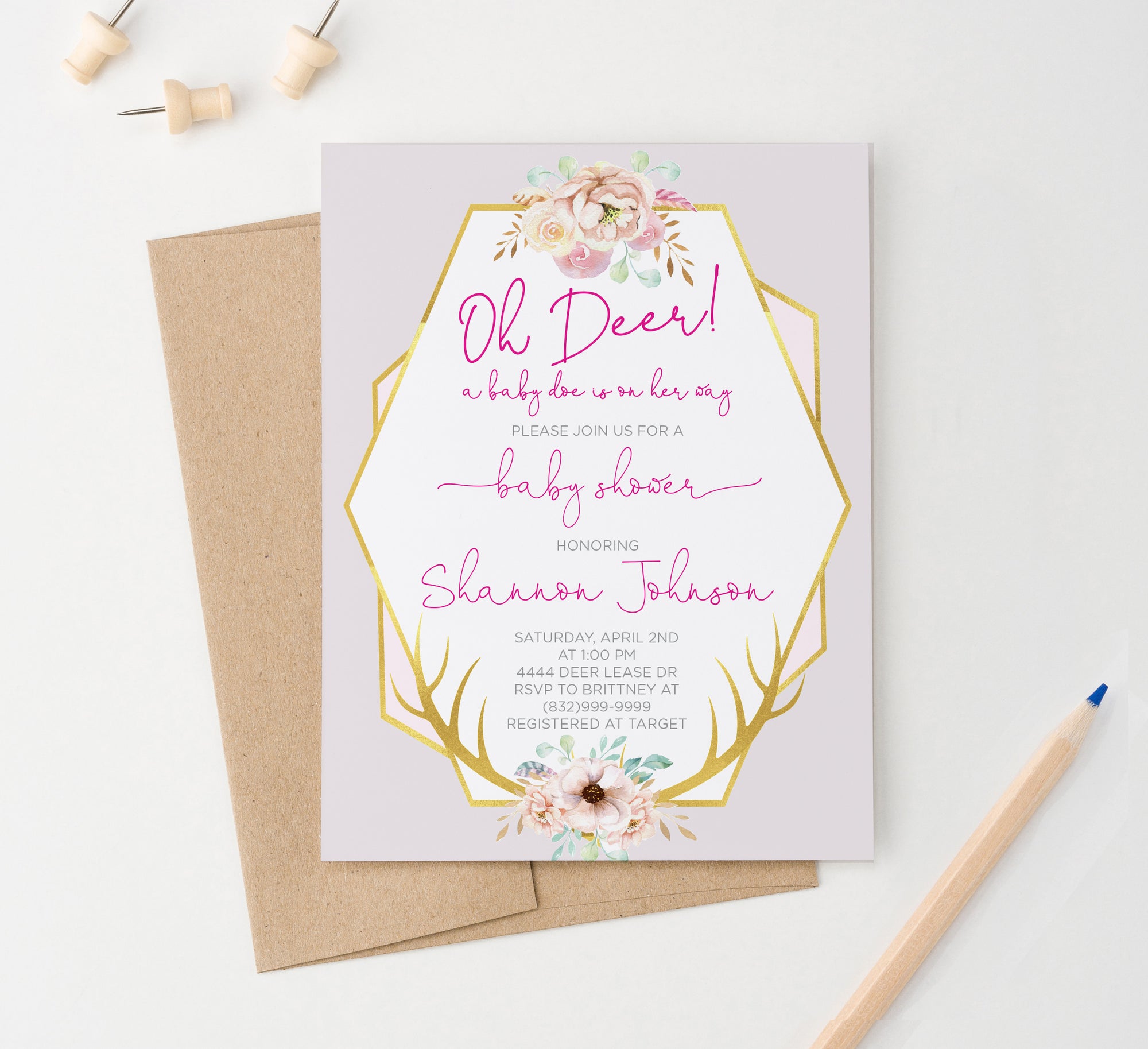 Personalized Oh Deer Pink Floral Baby Shower Invitations With Antlers