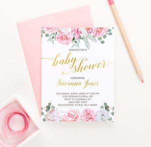 Classic Gold Baby Shower Invitations With Pink Florals Personalized