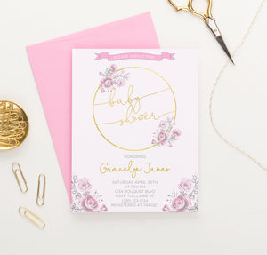 Personalized Gold Circle Baby Shower Invitations With Pink Florals