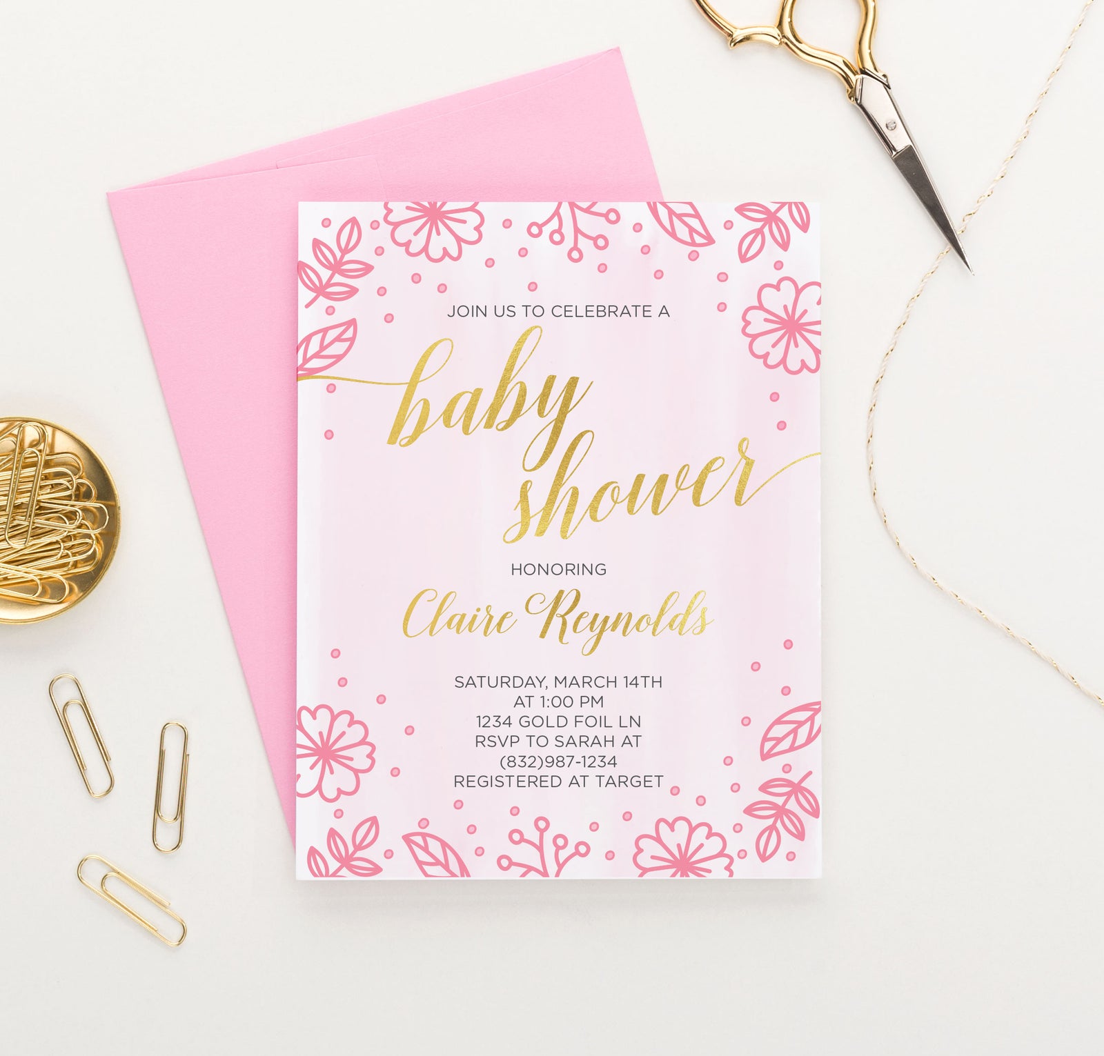 Personalized Watercolor Pink Floral Baby Shower Invites With Gold