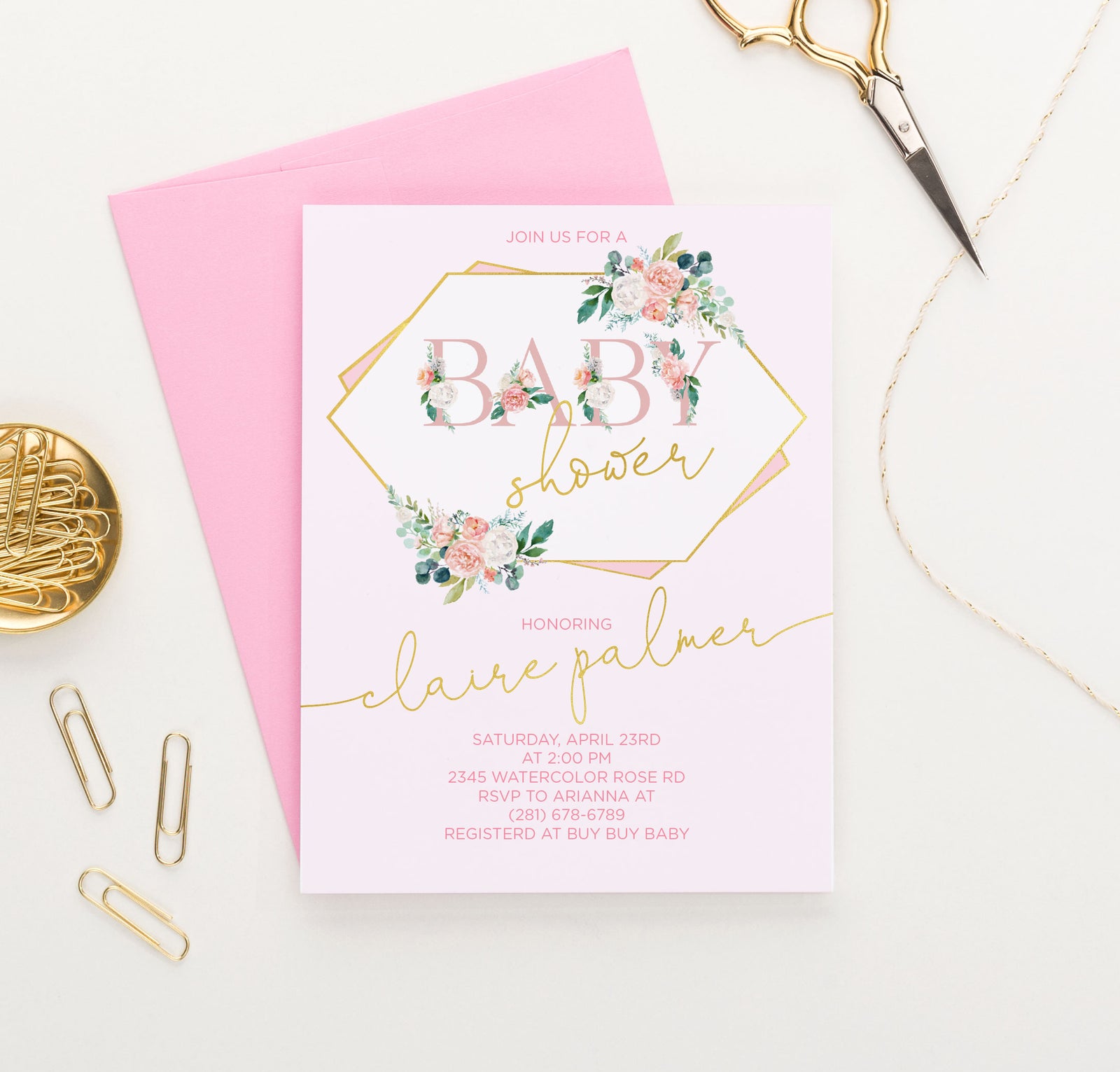 Pink Floral Letters Baby Shower Invitations With Gold Personalized