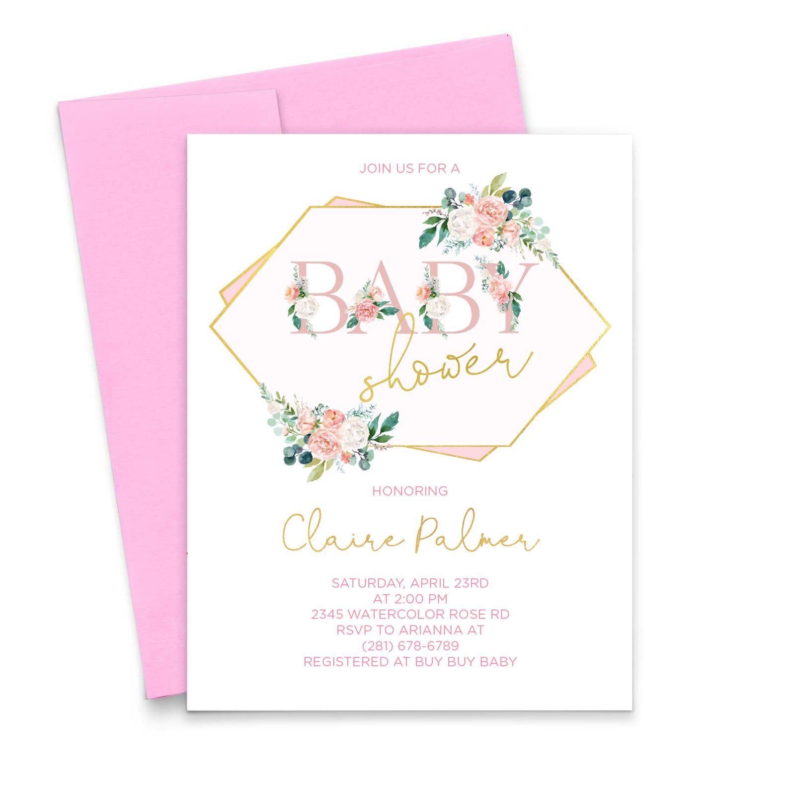 Pink Floral Letters Baby Shower Invitations With Gold Personalized