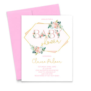 Pink Floral Letters Baby Shower Invitations With Gold Personalized