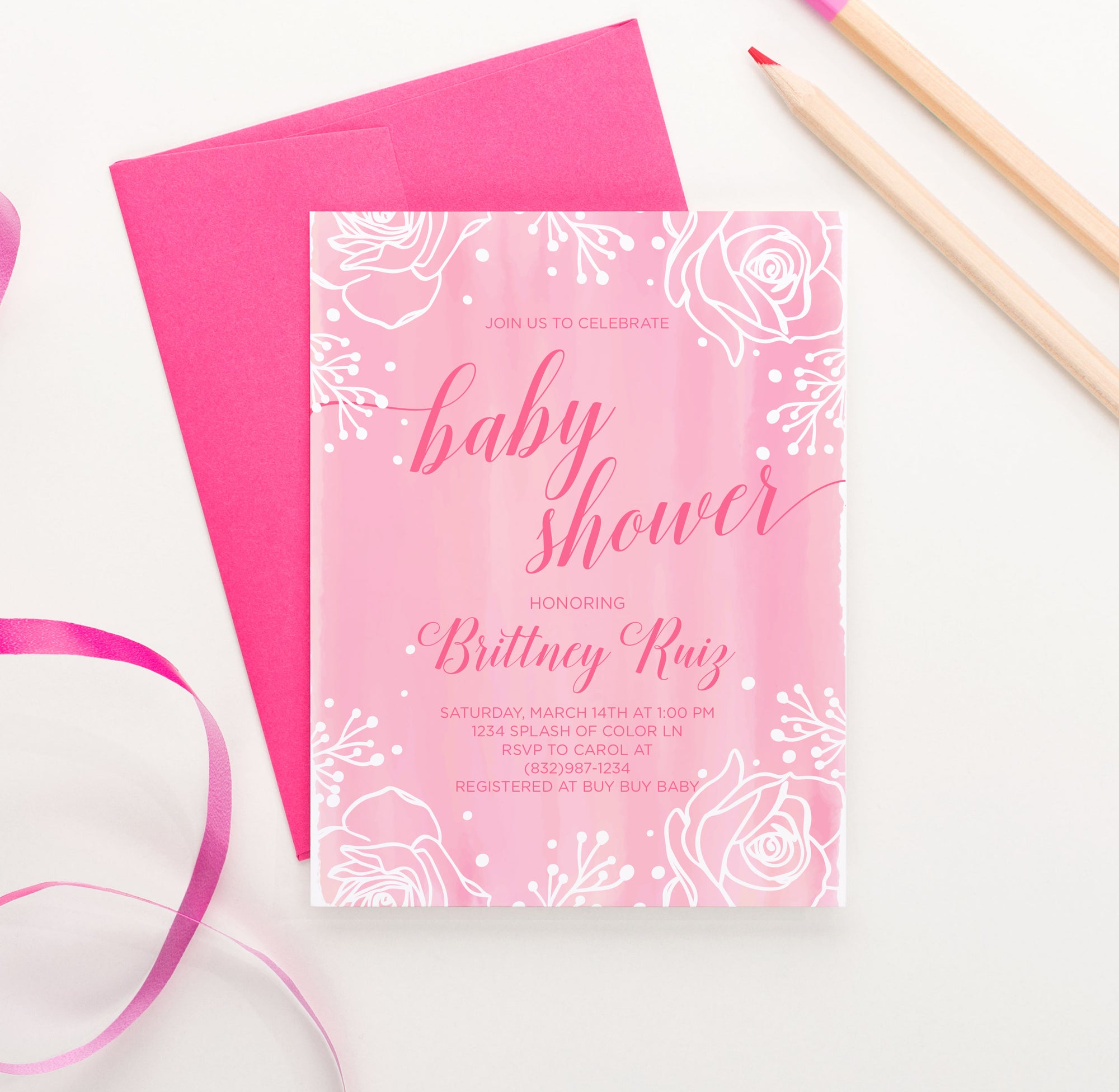 Pink Watercolor White Floral Baby Shower Invites Personalized