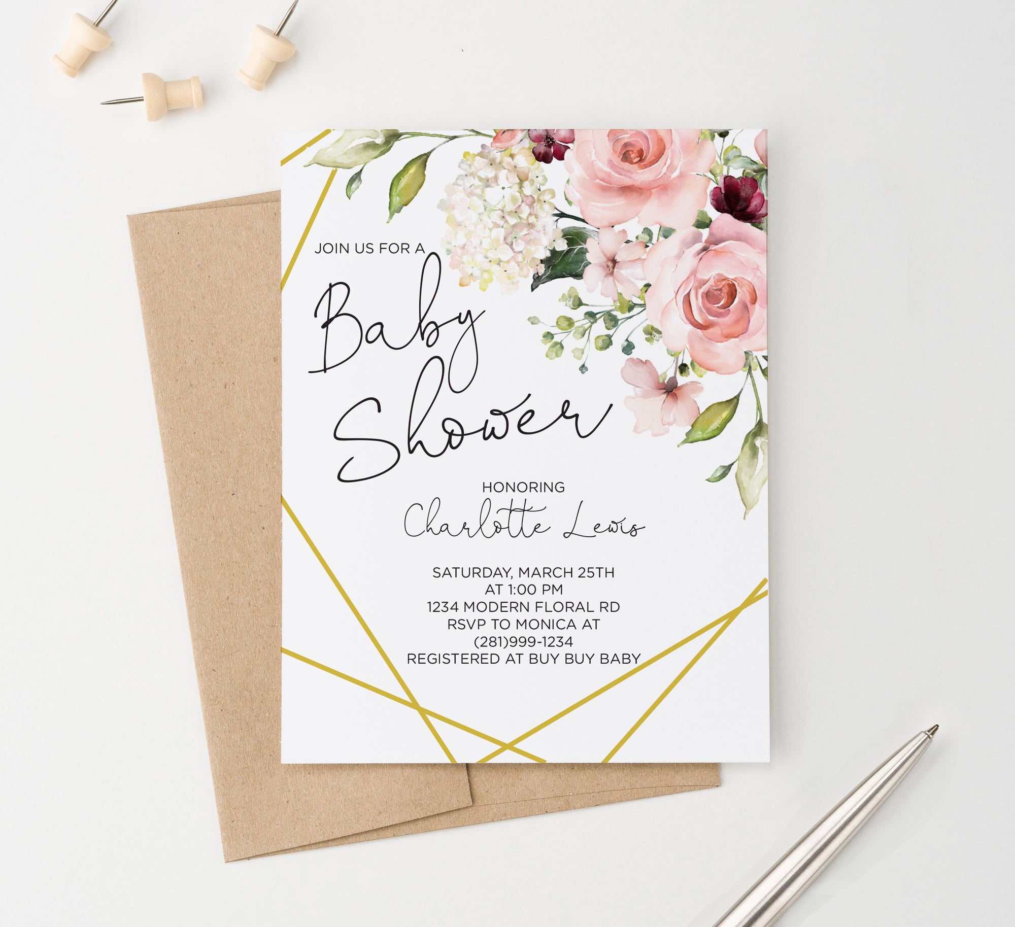 Personalized Elegant Gold Baby Shower Invitations With Floral Corner