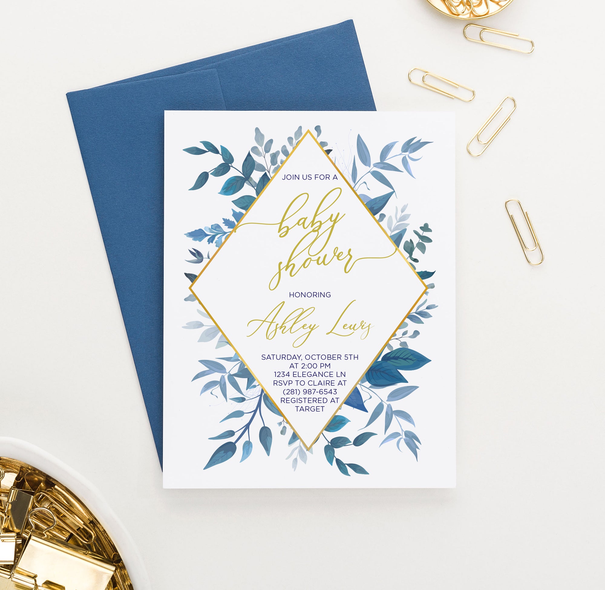 Personalized Blue Greenery Baby Shower Invitations With Gold Frame
