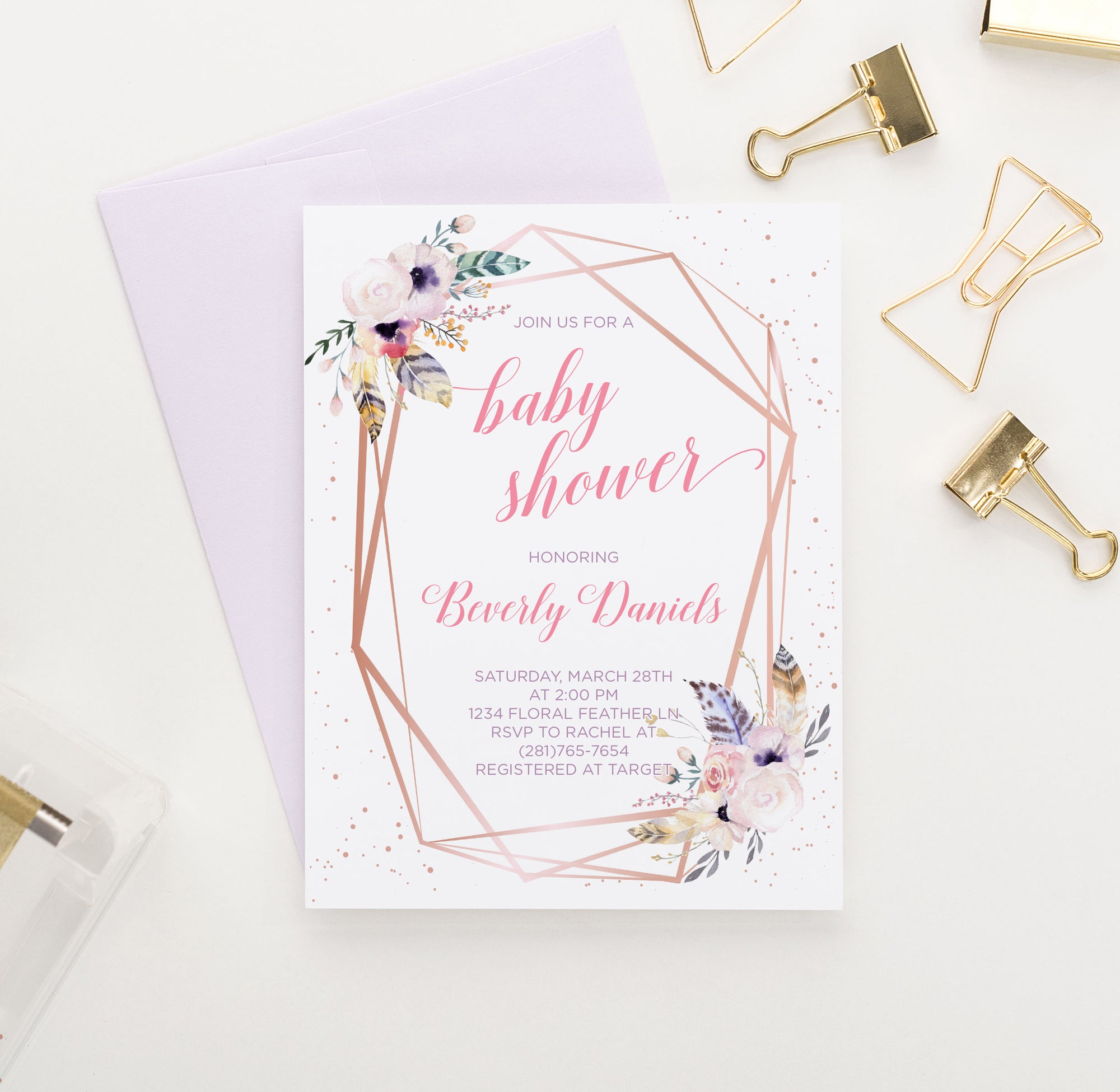 Personalized Boho Rose Gold Baby Shower Invitations With Feathers