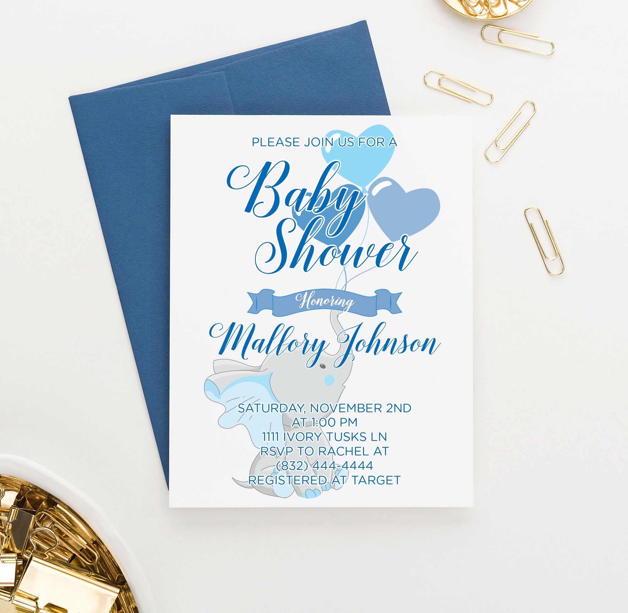 Blue Baby Shower Invitations With Baby Elephant Personalized