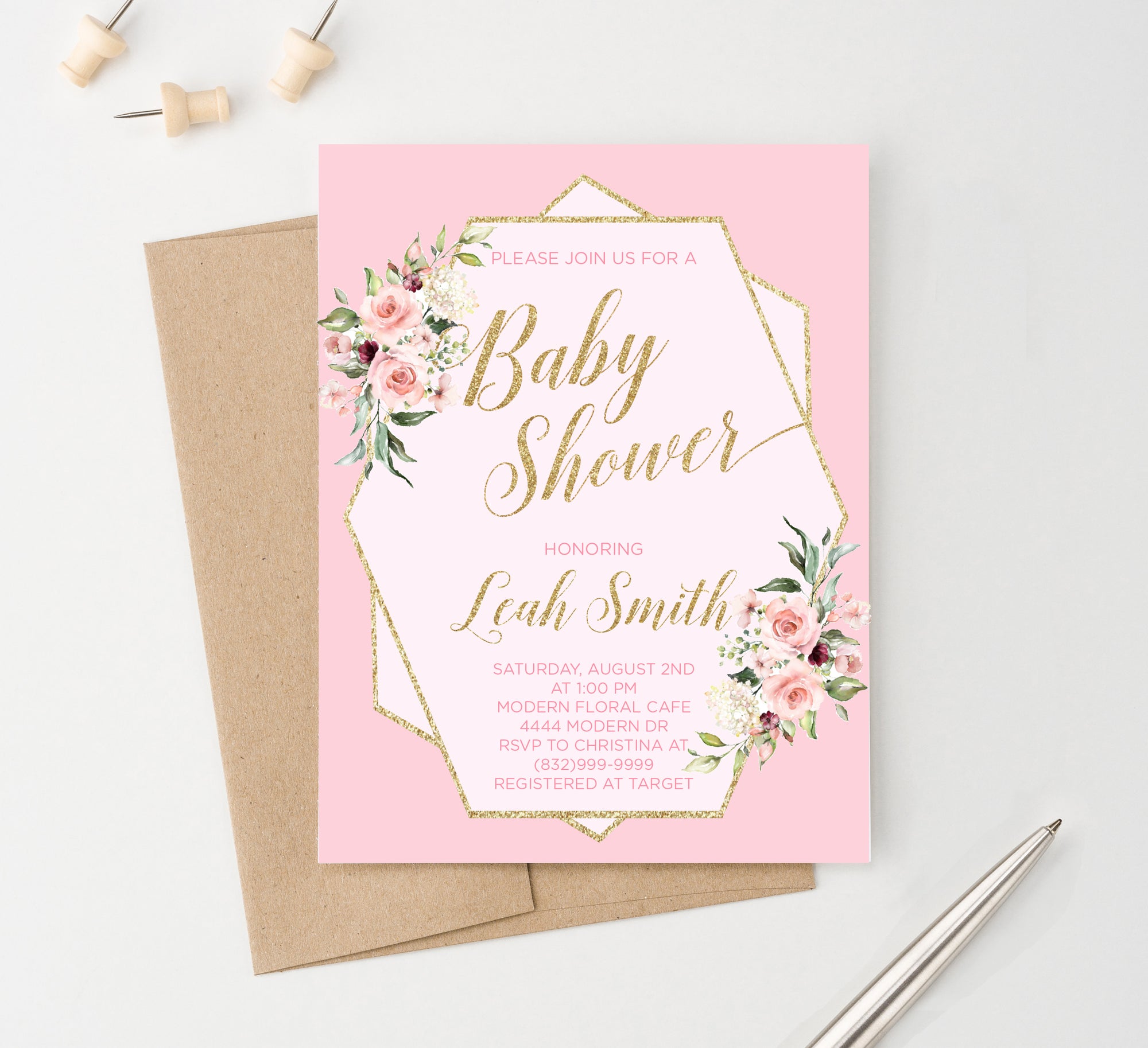 Personalized Gold Girl Baby Shower Invitations With Pink Florals