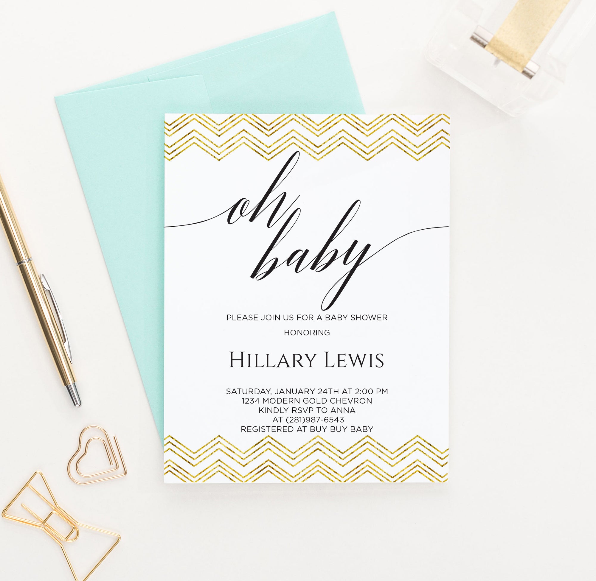 Oh Baby Gold Chevron Baby Shower Invitations Personalized
