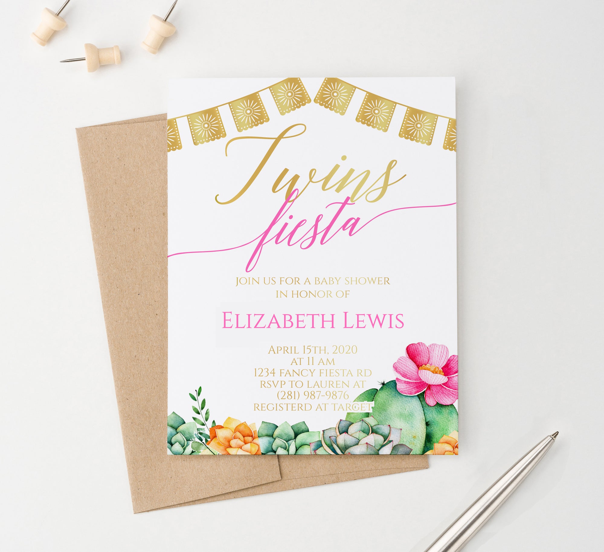 Twins Fiesta Baby Shower Invitations With Succulents Personalized