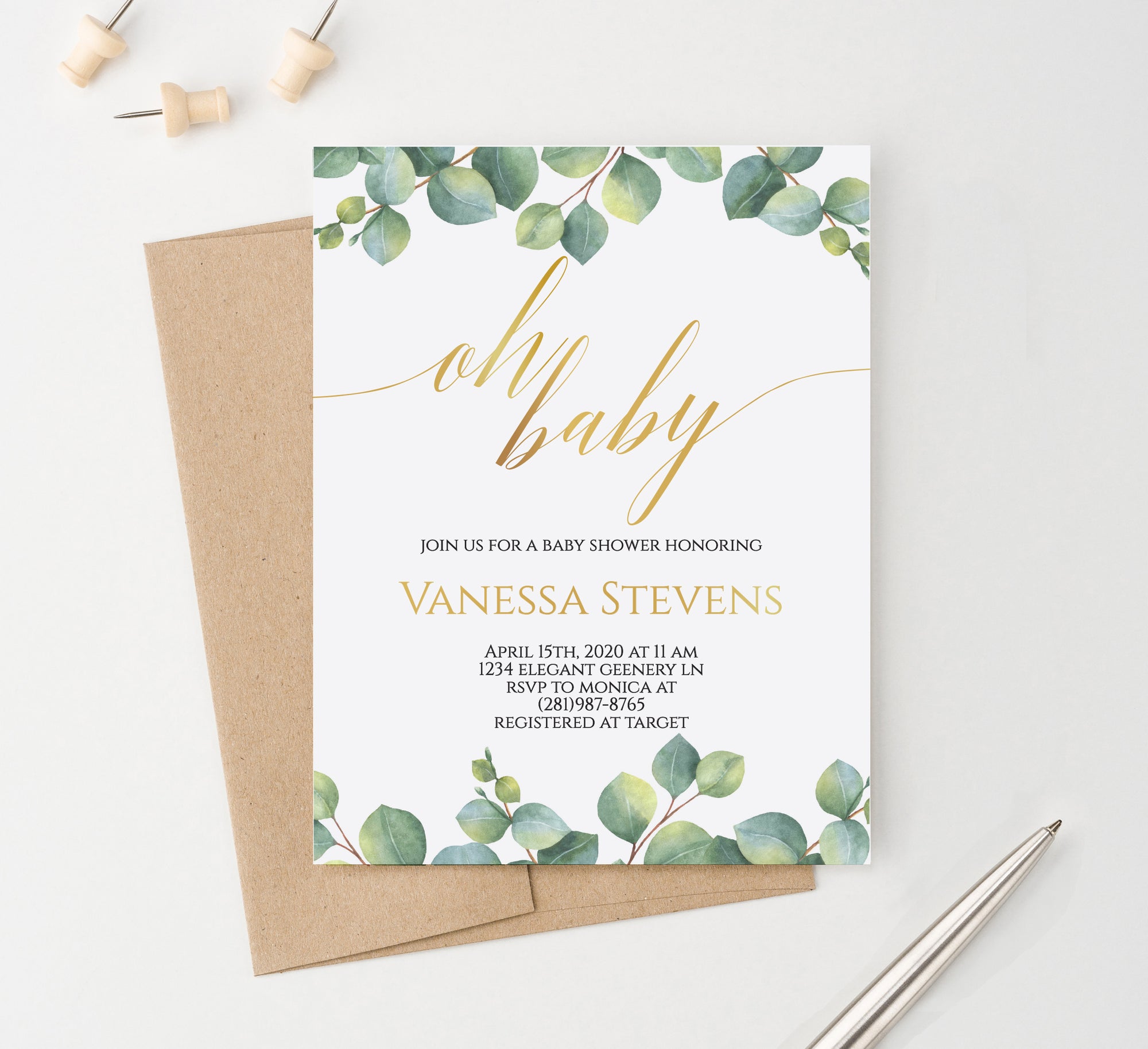 Personalized Gold Oh Baby Baby Shower Invitations With Greenery