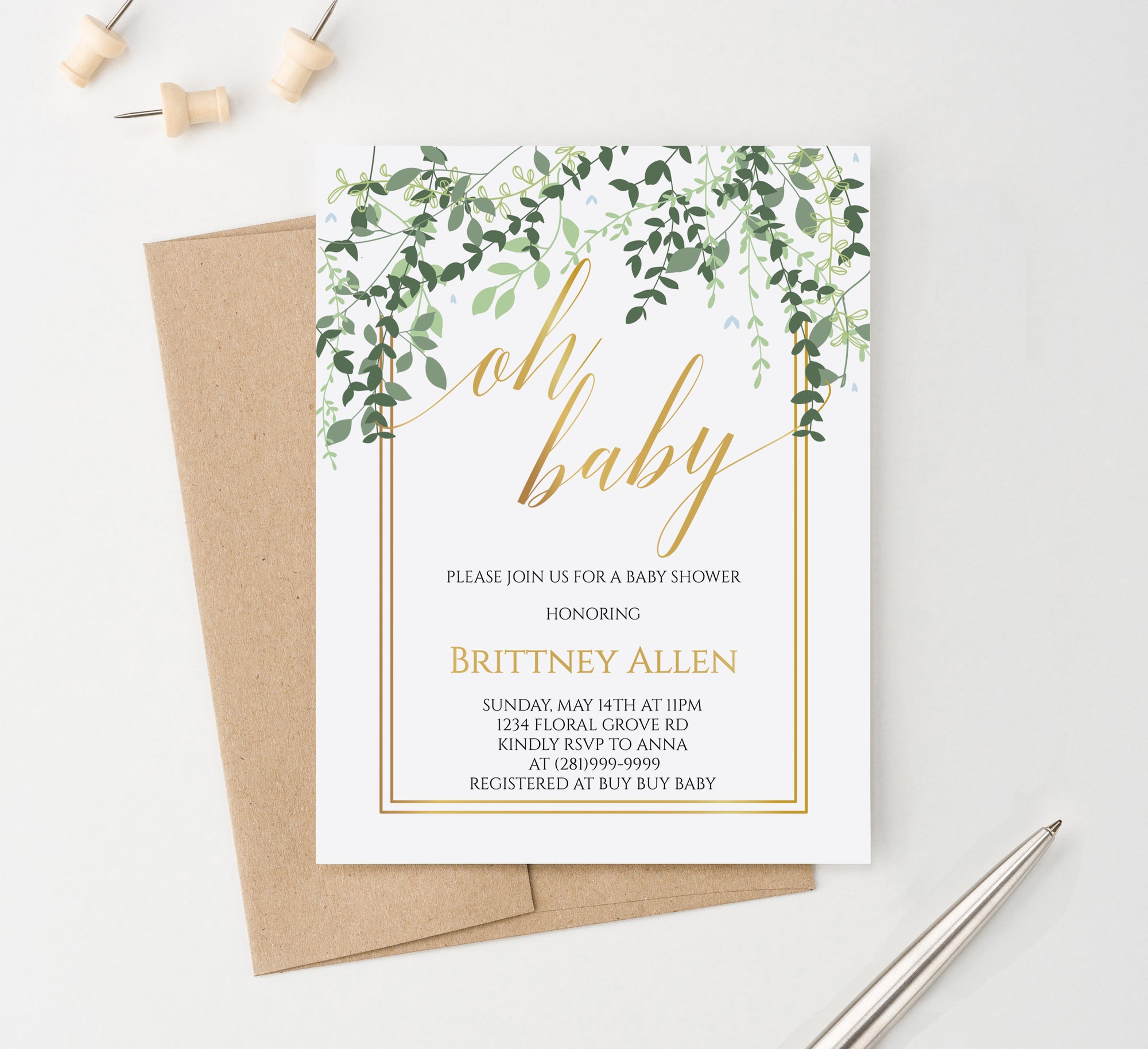 Gold Frame With Greenery Baby Shower Invites Personalized