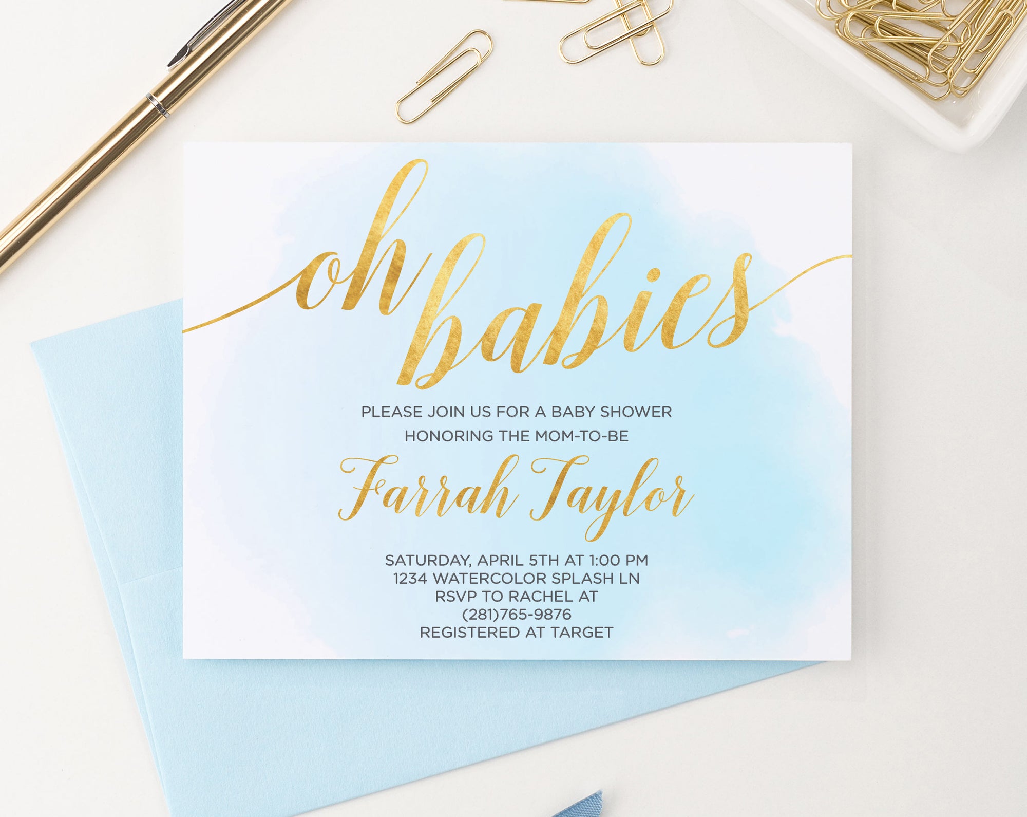 Blue Watercolor Twin Baby Shower Invitations With Gold Personalized