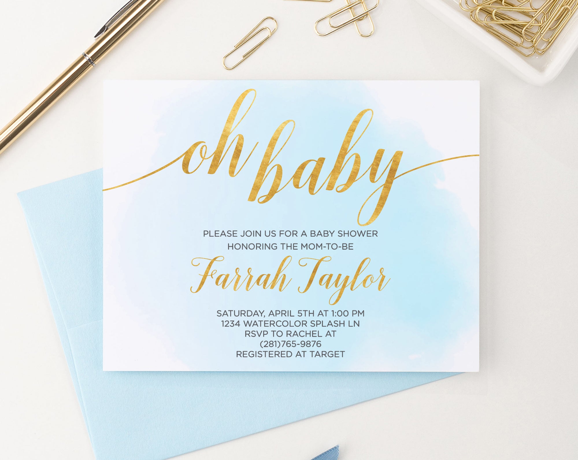 Blue Watercolor Baby Shower Invitations With Gold Personalized