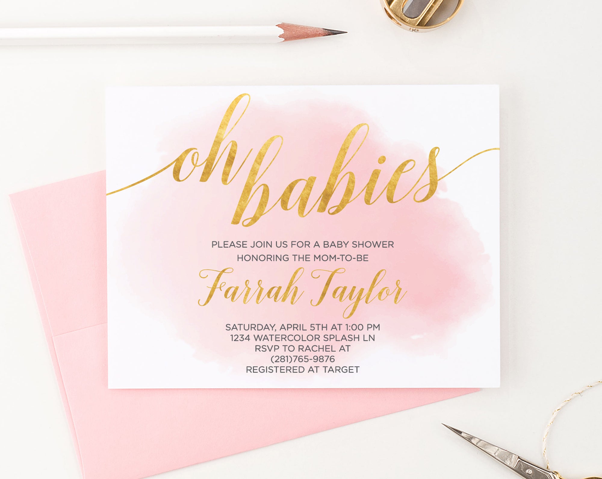 Pink Watercolor Twin Baby Shower Invitations With Gold Personalized