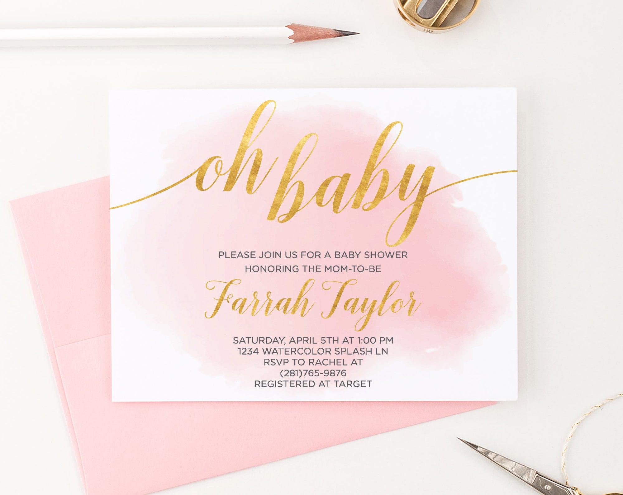 Pink Watercolor Baby Shower Invitations With Gold Personalized