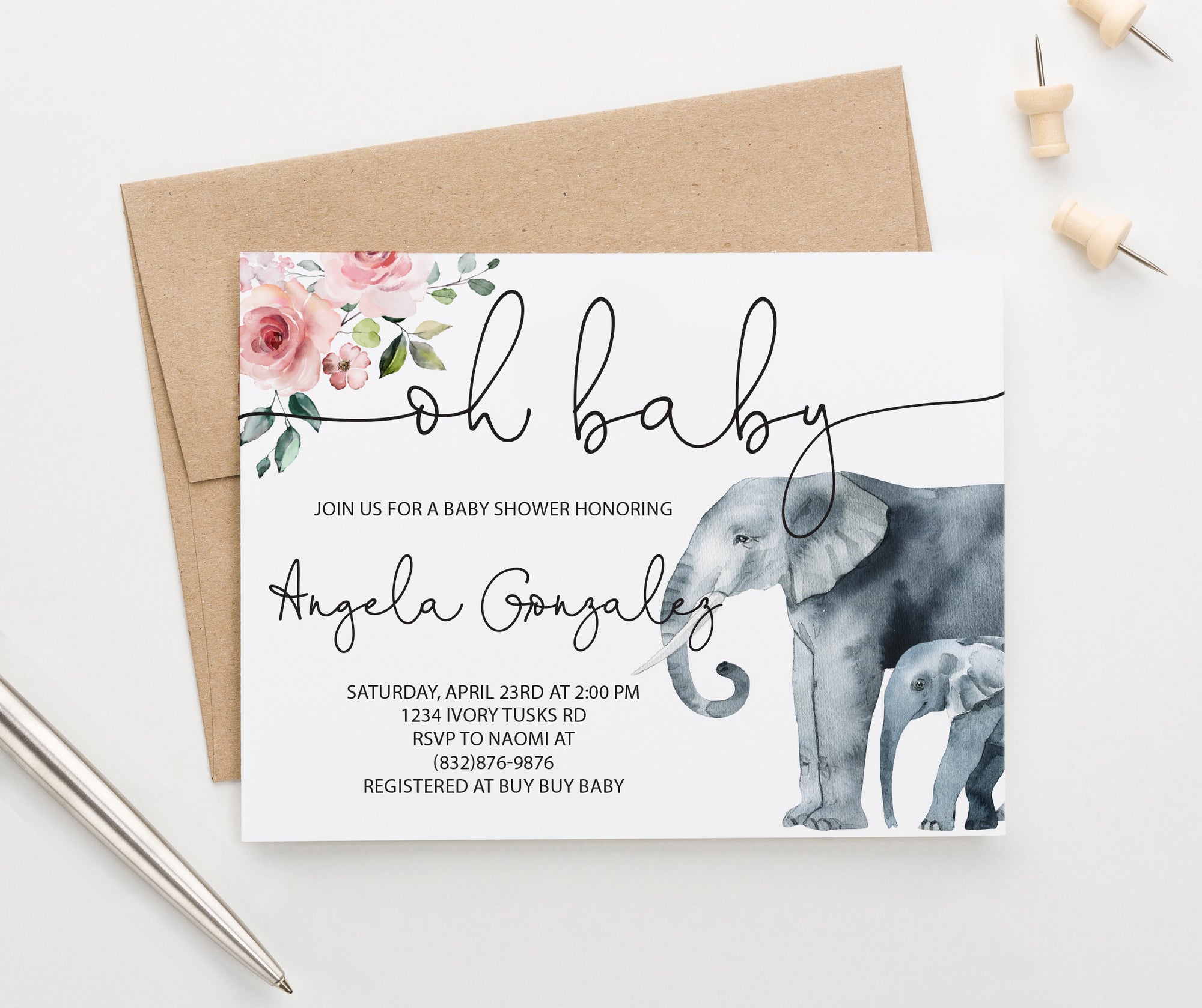 Watercolor Elephant Baby Shower Invites With Florals Personalized