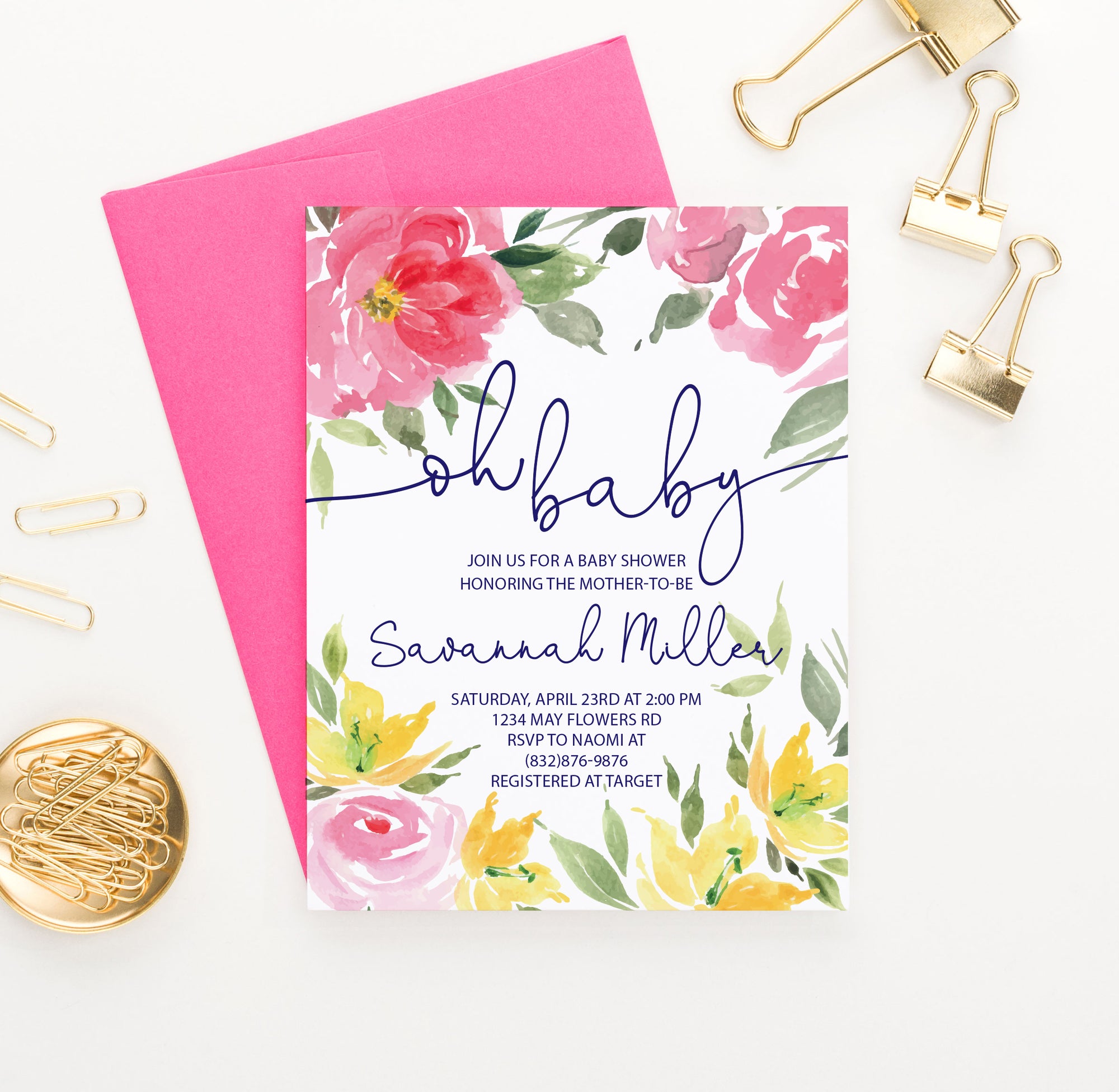 Pink And Yellow Floral Watercolor Baby Shower Invites Personalized