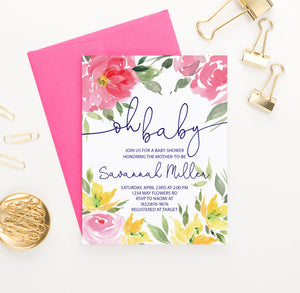 Pink And Yellow Floral Watercolor Baby Shower Invites Personalized