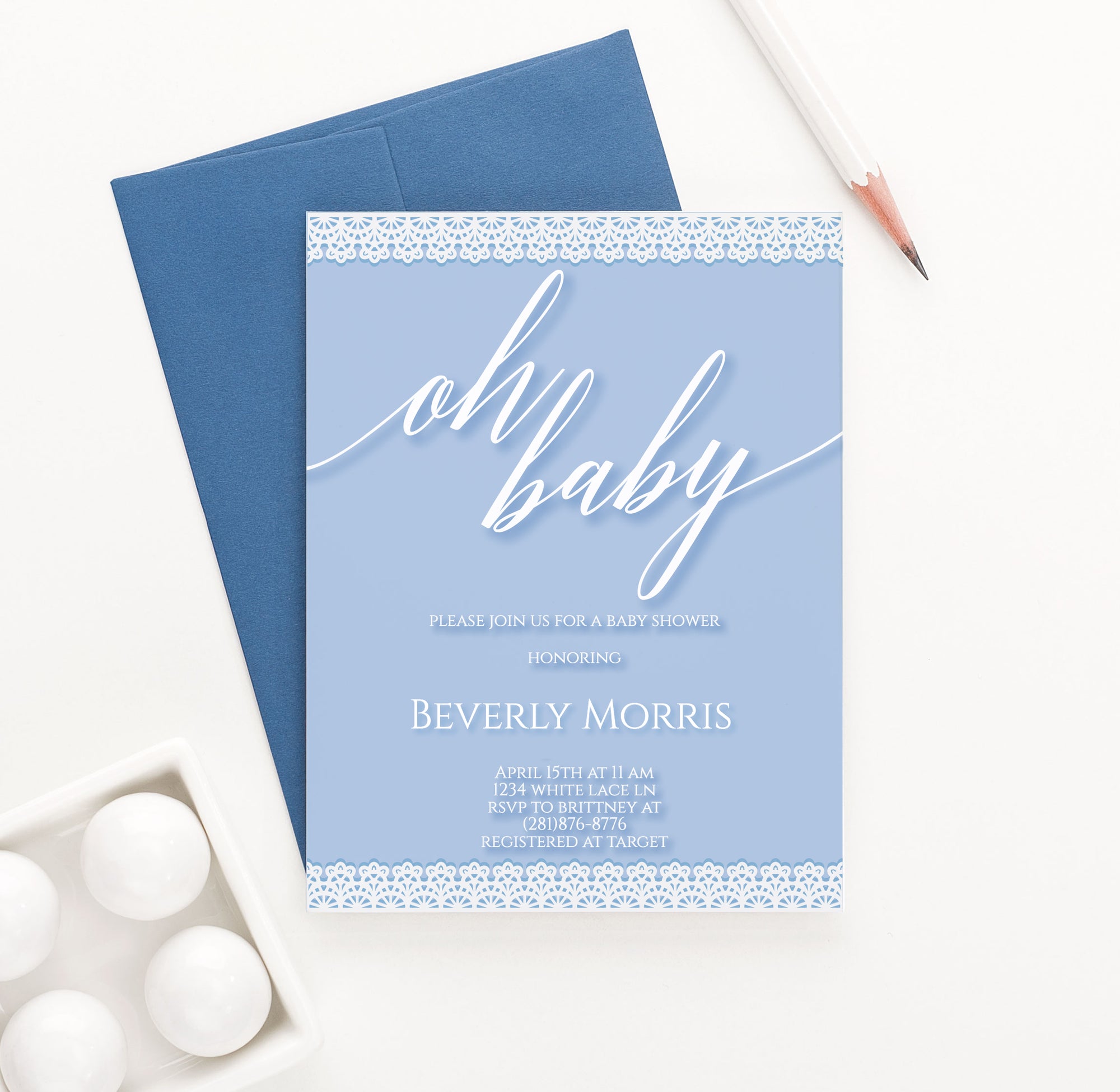 Personalized Blue With White Lace Baby Shower Invitations Boy