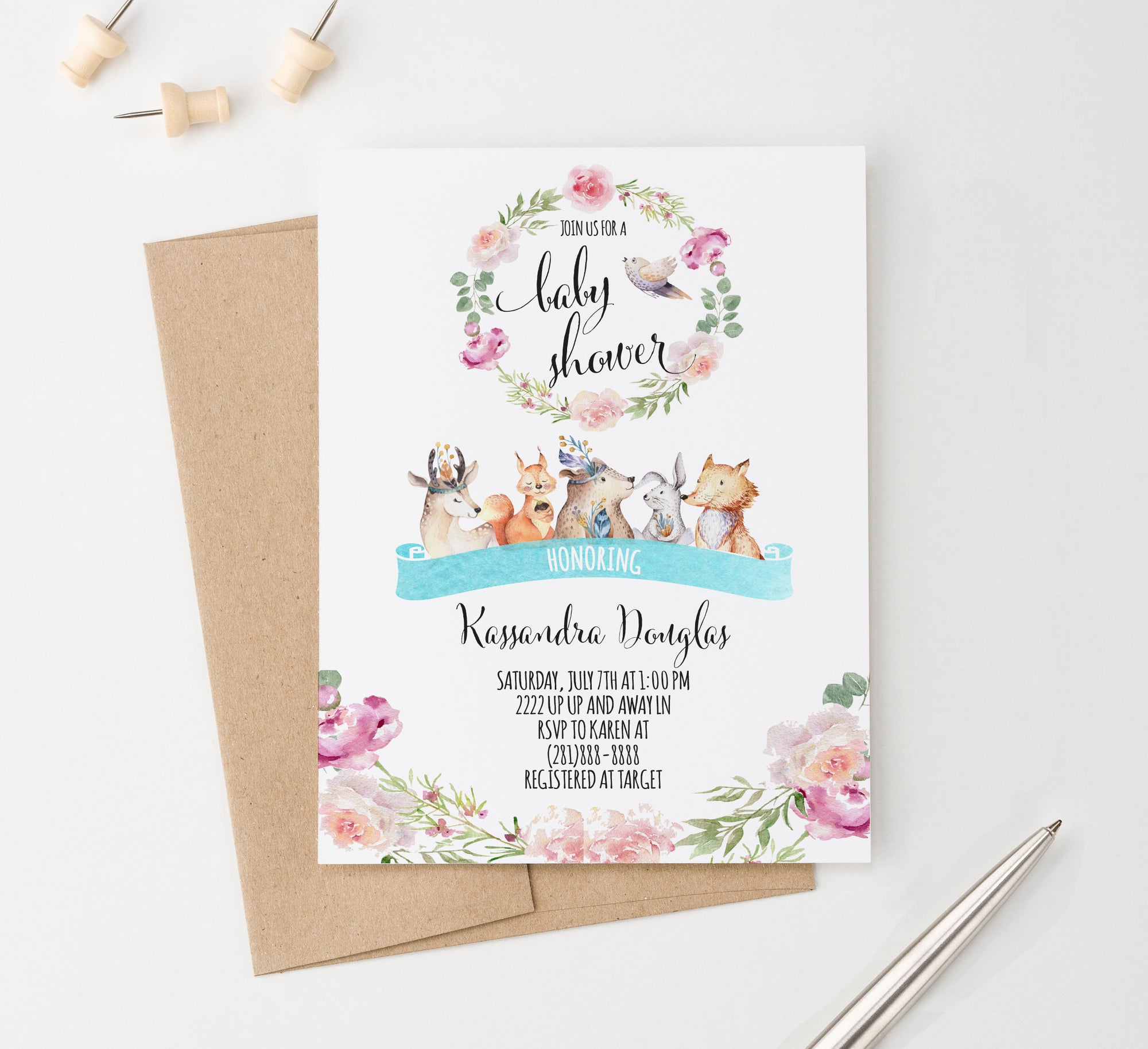 Personalized Floral Greenery Baby Shower Invites With Woodland Animals